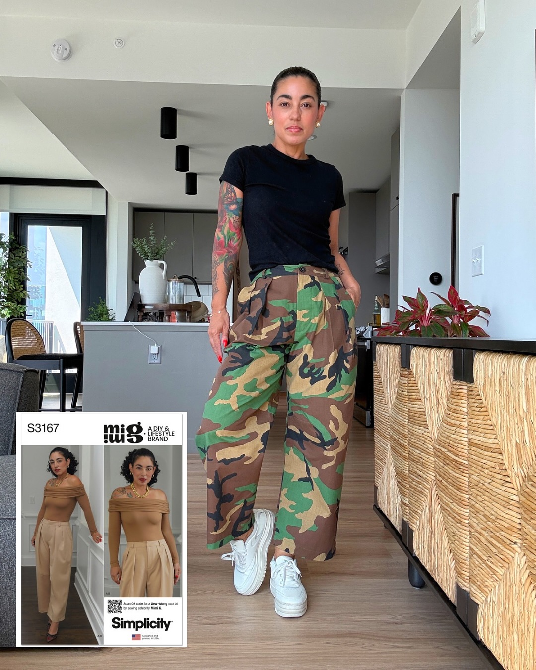 Sew along for my @simplicity_creative_group #3167 pants is live on my YouTube. Made them in a camouflage for a more casual vibe. 🥰 Happy Saturday!