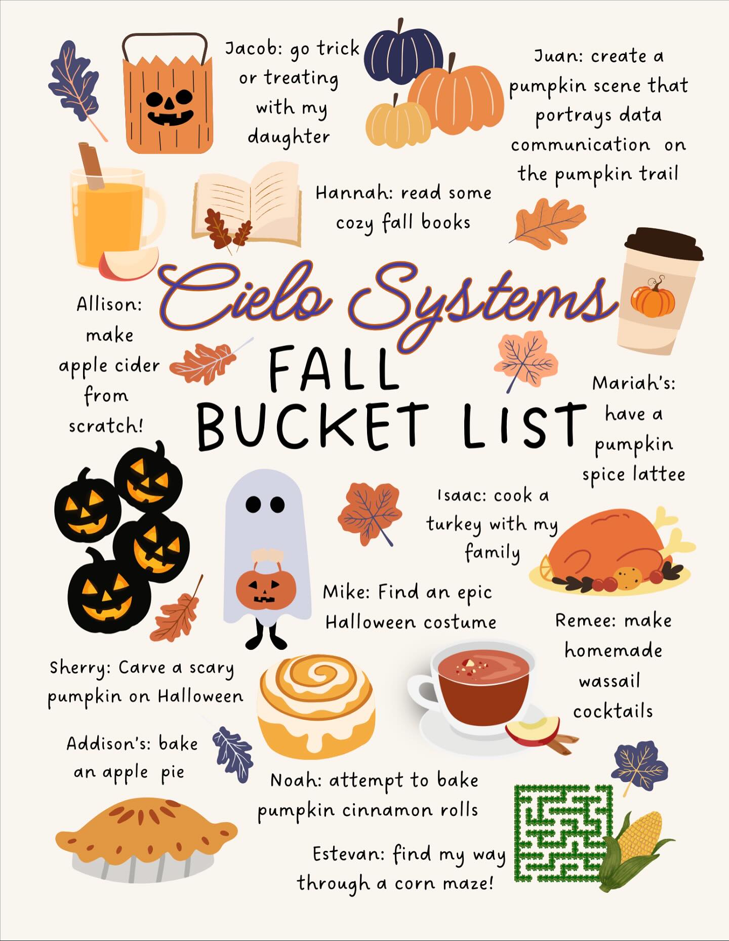 Fall has entered the Cielo Systems chat!🍂🥧🎃
Come take a look at our team members bucket list items this season and comment below your must do fall activities!