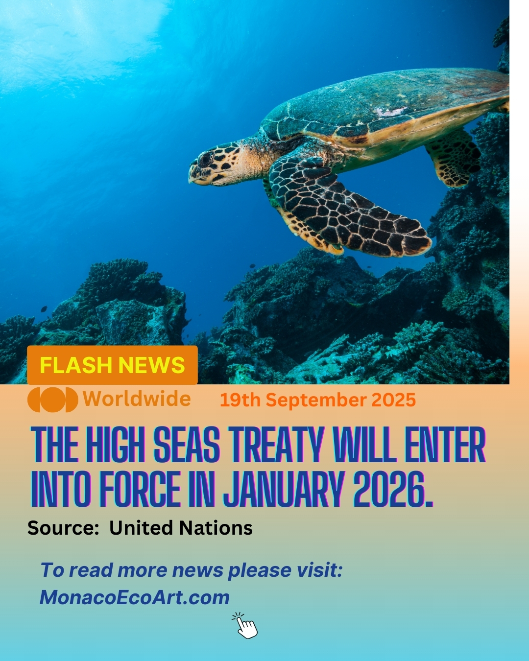 @mo.eco_art MonacoEcoArt.com #flash #breaking #news #high #seas #traty🐬🐋🇲🇨 The time has come, the High Seas Treaty will enter into force on the 17th January 2026 (120 days after the ratification procedure), following up the #ratification in mid-September by four new countries at the United Nations –Sri Lanka, St. Vincent and the Grenadines, Sierra Leone and Morocco - this is indeed a historic date since the treaty is the first legally binding international #agreement to preserve marine life in international #waters 🌐🌊 Legally known as the Agreement under the United Nations Convention on the Law of the Sea on the Conservation and Sustainable Use of Marine Biological Diversity of Areas Beyond National Jurisdiction (or BBNJ Agreement), provide new regulatory ways to halt biodiversity loss and ocean degradation while encouraging the creation of #marine protected areas (MPAs) to manage #sustainably ocean resources exploitation by human beings 🗣️✅Rebecca Hubbard, Director of the High Seas Alliance, pointed out: “This historic moment is the culmination of years of dedication and global diplomacy by governments and stakeholders; the High Seas Treaty is a powerful testament to multilateralism- showing what the world can achieve when we come together for the common good for our ocean, which covers more than 70% of the planet; today marks an important #step when promises start becoming action”, adding her #commitment to achieve almost total membership asap 🦾🐬 This agreement is also meant to facilitate the exchange of #knowledge, #technology, capacity building in order to ensure fair and sustainable access to marine resources 🛜 💧 The High Seas Treaty was adopted in June 2023, after two-year negotiations, and then officially opened for signature starting from the 20th September of the same year, accompanied by a comprehensive ratification campaign, inviting all countries to join this agreement, a crucial step towards the achievement of climate and biodiversity global #goals, notably the Kunming-Montreal Global Biodiversity Framework (GBF) 30×30 target to protect 30% of the planet's land and ocean by 2030 📸 Copyright: © MonacoEcoArt - @unoceandeca