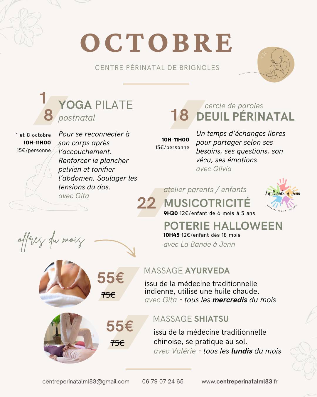 📅 Ce mois-ci, nous vous proposons des activités pratiques pour petits et grands.
Ateliers & groupes de discussions animés par des intervenantes qualifiées :
-Yoga Pilate
-Donnons la parole au deuil périnatal
-Musicotricité
-Poterie
✨ Offres du mois : Massage Ayurveda et Massage Shiatsu
📍Retrouvez toutes les infos et inscriptions auprès du Centre Périnatal de Brignoles