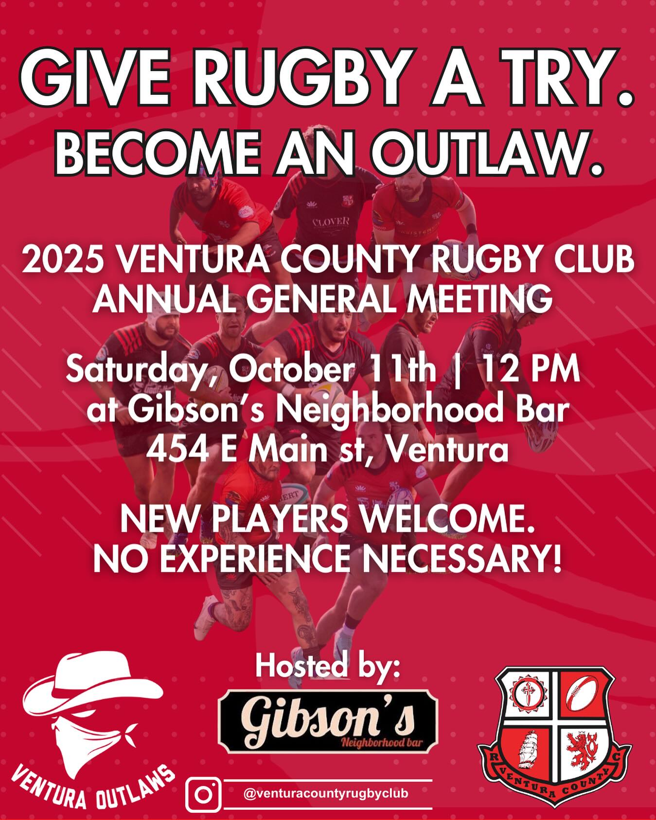 🚨 Calling all athletes! 🚨
The Ventura County Outlaws Rugby Club is kicking off the season with our Annual General Meeting on Saturday, October 11th, 2025 at 12 PM at @gibsons_neighborhoodbar in Downtown Ventura.
No rugby experience needed—just bring your athletic background, energy, and drive.
Food & drinks will be provided for new members!
DM us or email President@venturacountyrugbyclub.com to learn more. 🏉🔥