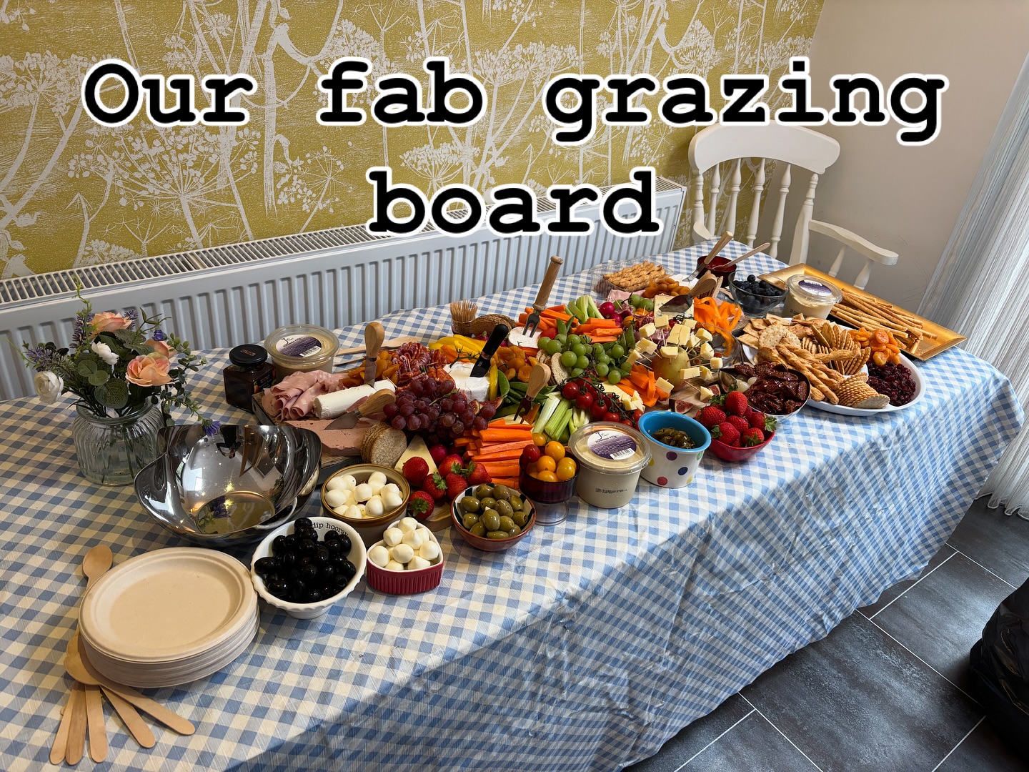 Grazing board for 40 guests. Contact me to book this. We can cater our boards to your dietary requirements- just ask. (Price is per head) our boards usually have our falafel, charcuterie, dips, crudités, cheese & biscuits, fresh and dried fruits, pickles, olives, hummus, oat cakes, pickled onions, jalapeños & bread sticks. Get in touch to book your picky food for your next soirée, party or event. #grazingtablesandcheeseboards #grazingtables #partyfood #corporateeventplanning