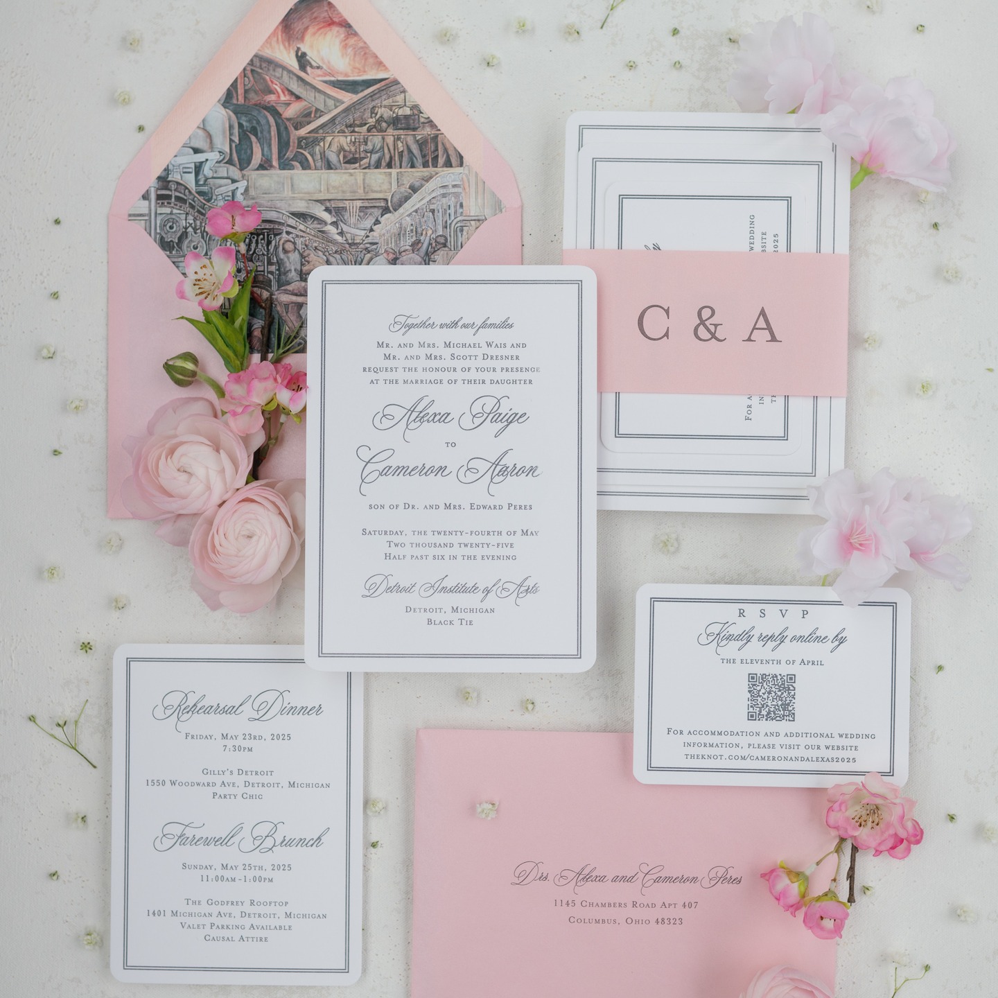 This letterpress suite was created in slate gray ink with soft pink accents, featuring artwork of Diego Rivera’s murals at the Detroit Institute of Arts.
@diadetroit
The DIA is such a meaningful place for me. When I was an undergraduate student at the College for Creative Studies, I would spend hours walking through its galleries. Designing invitations for a wedding held inside this incredible space felt like a full circle moment.
Letterpress is one of the most timeless print techniques, often pressed into soft cotton paper that shows every detail of the impression. Even with a lighter touch on this suite, the design layout speaks to its lasting beauty with a classic double border, traditional serif fonts, and calligraphy accents that bring a graceful balance. This combination creates an heirloom piece that feels sophisticated and connected to the history of the DIA and the memory of their wedding.
#LetterpressWeddingInvitations #DetroitInstituteOfArts #DiegoRiveraMurals #DetroitWeddings #MuseumWedding #HeirloomStationery #SlateGrayAndBlush #LuxuryWeddingInvitations #DetroitBride #FineArtWedding #TimelessStationery #LetterpressPrinting #WeddingInspiration #WeddingPaperGoods #PaperMuseCo
Once I receive the photographer's name, I'll tag!