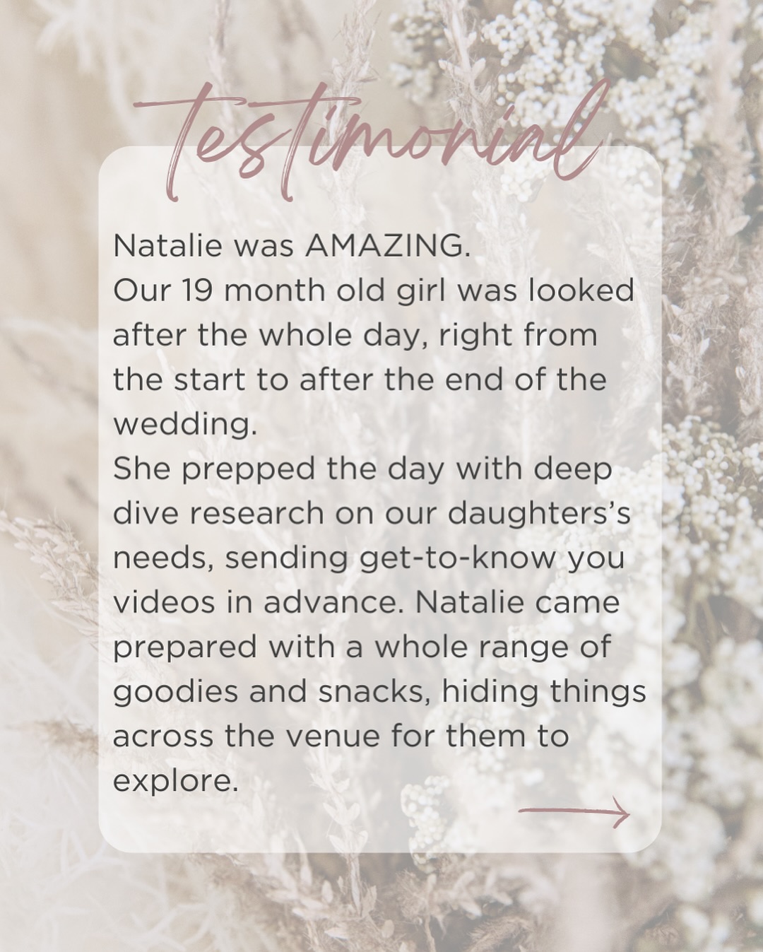 â10/10++++ would recommend - best money spent for the entire wedding without a doubtâ
We LOVE receiving feed back from out lovely wedding couples âĽď¸
⨠Grateful beyond words â¨
Nothing makes us happier than hearing your kind words and seeing the love you share in your reviews âĽď¸ Your support keeps us going, growing, and glowing every single day!
To everyone who takes the time to leave feedback - THANK YOU. Youâre the reason we do what we do, and your encouragement means the world đđŤ
Keep sharing your thoughts, tagging us, and letting us know how weâre doing - we love hearing from you!
#thankYou #gratefulHeart #customerLove #yoursupportmatters #weddingchildcare #weddingnanny #eventchildcare #childcareexpert
#professionalnanny #kidsatweddings #childcaretips #weddingbabysitter
#childfriendlywedding #nannyservices #trustednanny #childcarepeaceofmind