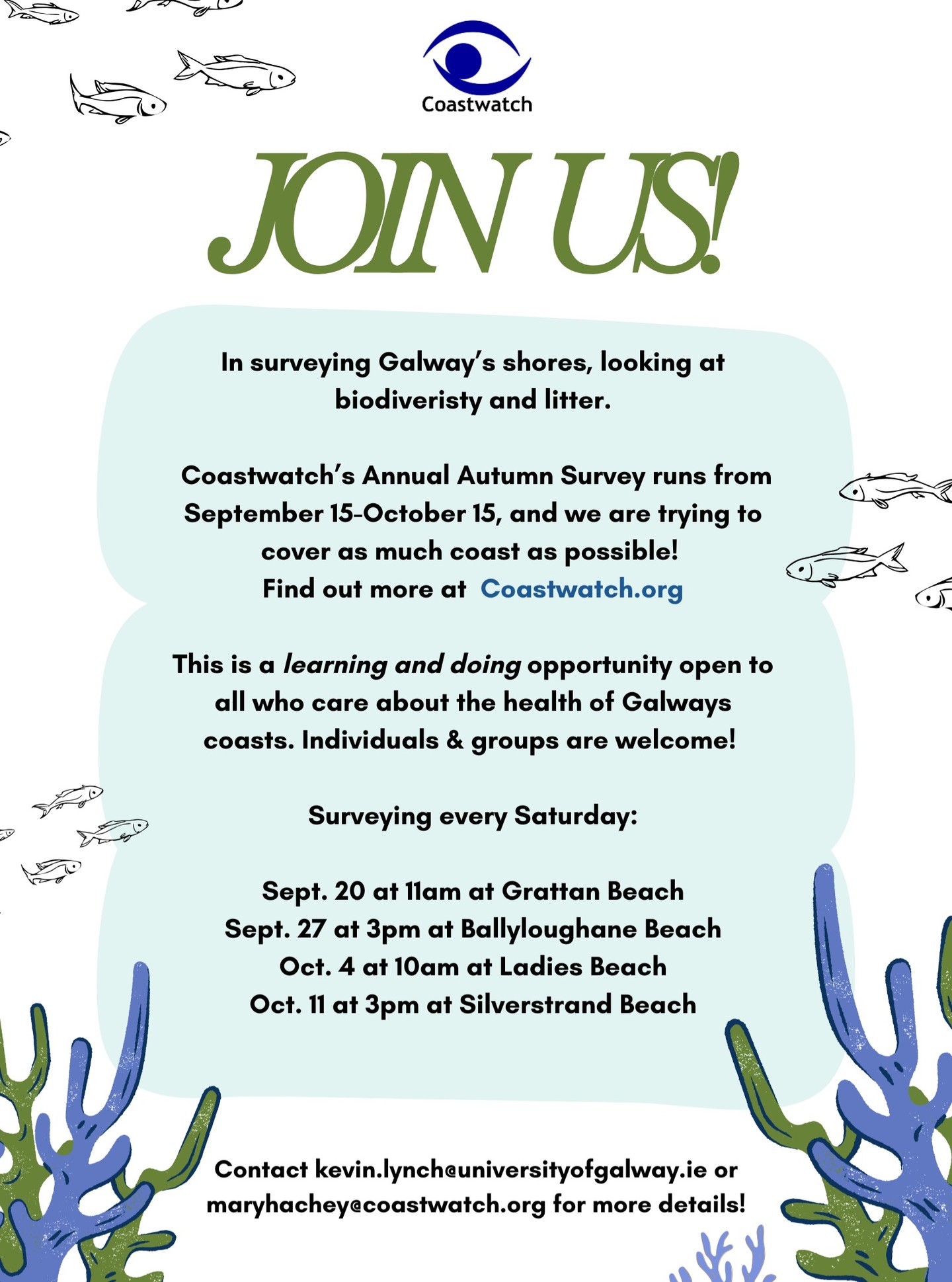 Galway Coastwatchers went out this weekend to Grattan Beach, Galway. It was a gorgeous Autumn day, and at low tide we were able to see honeycomb worm, sea anemones and upwards of a thousand sea birds flocking around the shore! We had the opportunity to do some nitrate testing and try out our new question on litter, fortunately, Grattan Beach was looking pretty clean!
We completed the first Galway City Survey and are hoping to cover the coast in the coming weeks. Galway regional coordinator Kevin Lynch and Mary Hachey are hosting survey training sessions, where we will complete an eco-audit of the shore from land to low water, including biodiversity, water pollution, and nature, every Saturday around Galway's beautiful beaches over the next month - anybody is more than welcome to join whether you have participated in the survey before or not! It will be a wonderful opportunity to get some fresh air, learn a little about the land you live on, and contribute to its protection. We hope to see you there! Bring some waterproof gear!
More info here: https://www.coastwatch.org/all-ireland-survey-autumn-2025
Reminder! @marielouiseheffernan is hosting a Coastwatch survey training at Renvyle Strand, Galway, this Wednesday, September 24th at 12.