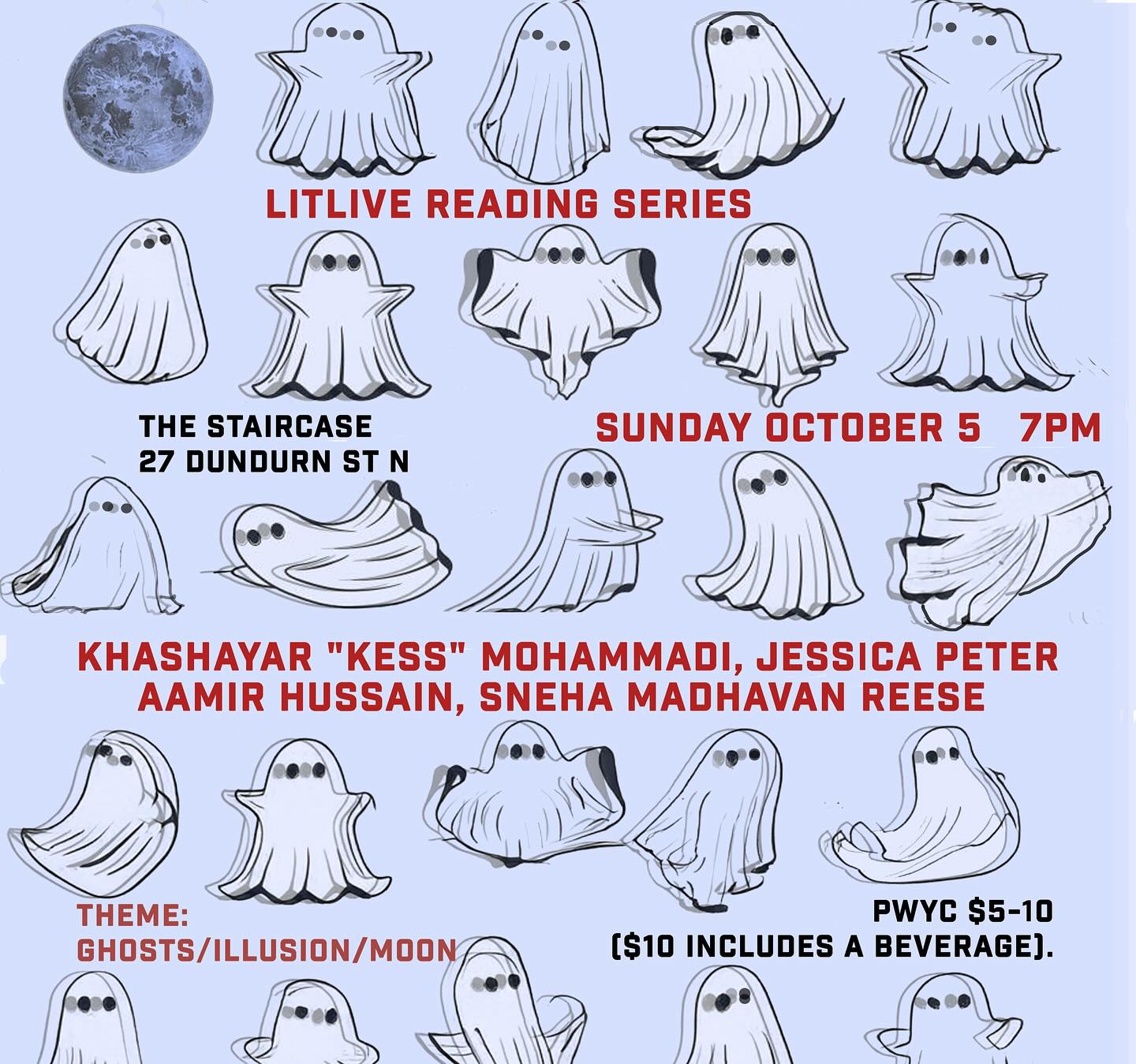 OCTOBER LIT LIVE!! SUNDAY, OCTOBER 5 at @thestaircase featuring @dearkestrel @aamiranauthor @jessicapeter1 & Sneha Madhavan Reese 🎤📖🎤 Theme is: GHOSTS/ILLUSION/MOON 👻👻🪄🪄🌙🌙 Guest hosted by @jaclyndesforges + interactive audience participation + book sales + door prize - PWYC! Don’t miss it!! #readingseries #hamont #writingcommunity #literaryevent #canlit