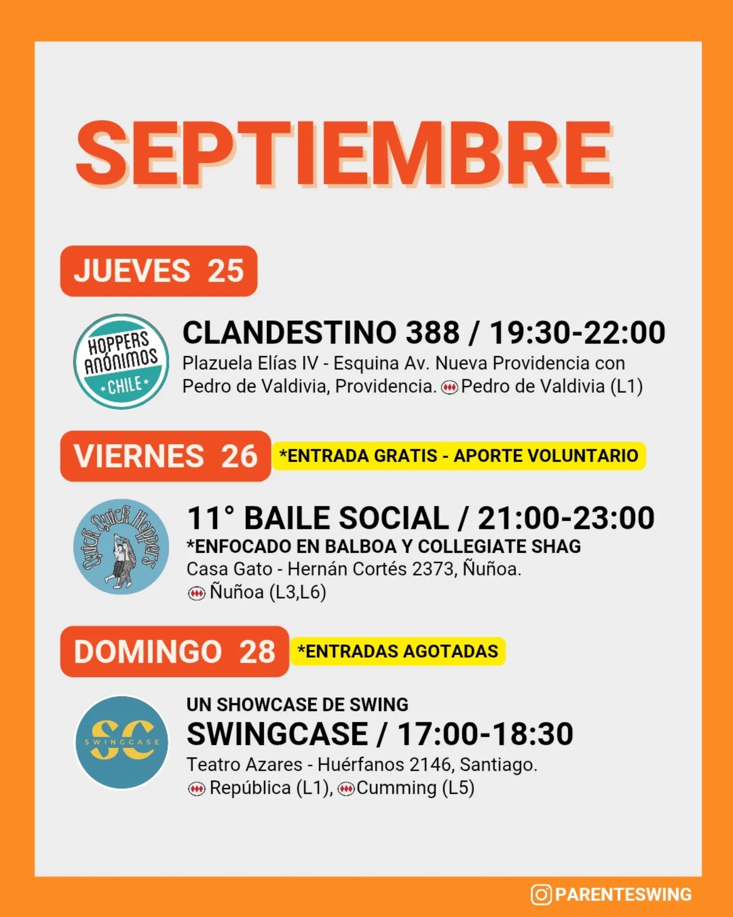 ✨Todos los eventos son gratuitos y abiertos a todo público, a menos que se indique valor de entrada 💸
‼️Cualquier modificación o nuevo evento en los comentarios👇🏻 y/o por historias 👆🏻
🤔 Qué es una Jam, Clandestino o Baile Social?
Una instancia donde fanáticos de los bailes swing (Lindy hop, Balboa, Shag, Solo jazz) se reunen a compartir, hacer comunidad y a la vez, practicar.
❌ Las actividades publicadas NO son instancias de clases para aprender a bailar, a menos que se indique “Taller” o “Clase Abierta”.
👀 Quieres aprender a bailar?
En nuestra historia destacada “CLASES” está toda la información y formularios de inscripción a los cursos del mes de las escuelas de bailes swing ✨
Nos vemos en la pista! 💃🏻🕺🏻🔥
#danzachile #lindyhopchile #swingchile #bailechile #eventoschile #danzasantiago #santiagodechile #panoramasgratis #swingdancechile #swingdancingchile #lindyhopperschile #panoramasgratis #panoramagratis #santiago