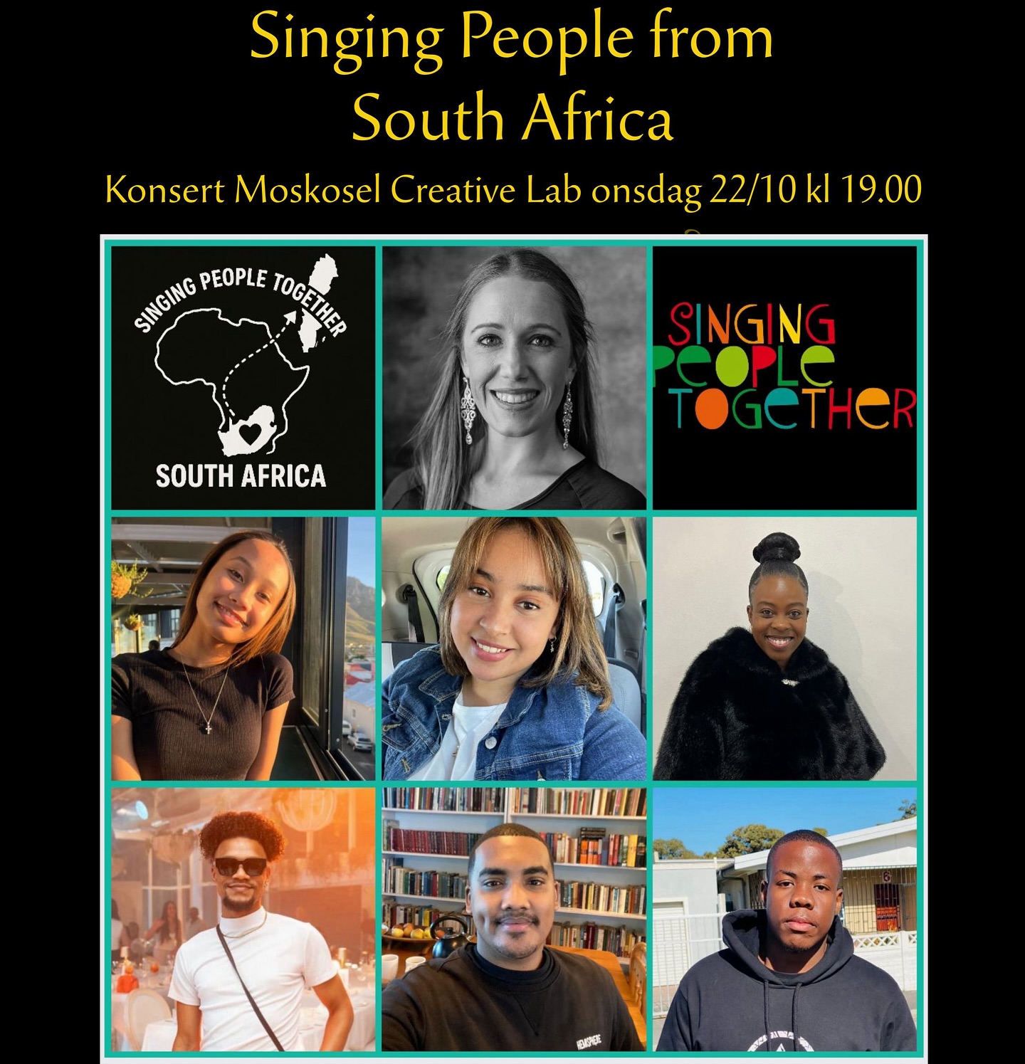 Konsert 22 okt! Kl.19.00 ✨ Singing People Together kommer tillbaks till @moskoselcreativelab med kör och vi ser fram emot detta!
Två ledare och fem studenter från Cape Town genomför workshops och konserter i Norrbotten och Luleå.
Vi kommer att få möte ledarna Christine Bahm och Marvine Kernelle tillsammans med studenterna Chelsey-Leigh Daniels 24 år, Braiton Valentine 25 år, Sinqobile Dhlamini 20 år, Erin Frans 23 år och DiagoJacksson 23 år.✨
Kostnadsfritt event, fika säljs på plats. Boka in redan nu att komma. ✨
Läs mer om på bio | www.singingpeopletogether.com
#singingpeopletogether med stöd från @sparbankennord, @luleakommun, @region_norrbotten, @sverigeskorforbund, @sensusstudieforbund,Stiftelsen Greta, Körcentrum Nord, Moskosel Creative Park och Northern Sustainable Futures.
