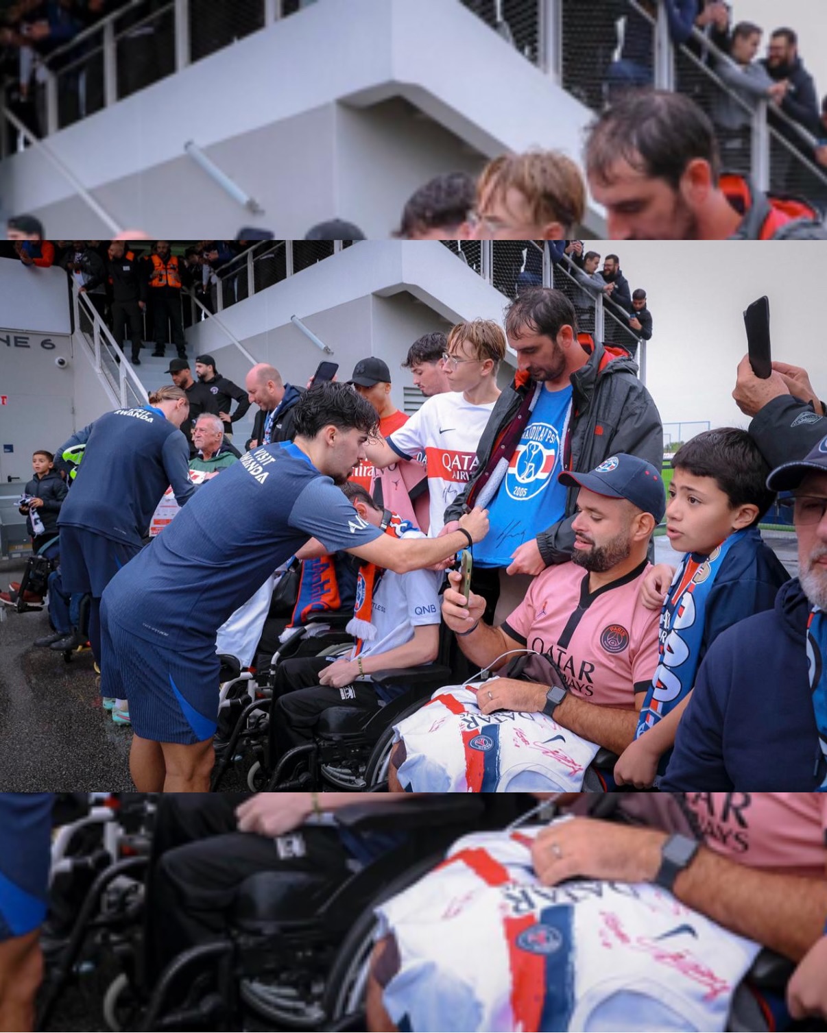Malgré la pluie, nos adhérents ont répondu présents à l’invitation du @psg pour assister à l’entraînement de nos joueurs juste avant le Classico 🔴🔵
Un vrai bonheur de vivre ces moments ! C’est toujours important pour nous de pouvoir assister à ce genre d’événement, rencontrer les joueurs : en bref être une vraie association de supporters !
Merci pour l’accueil et l’organisation, avec une accessibilité parfaitement pensée. Allez Paris !
#parissg #campuspsg #handicappsg #psg #psgom #classico