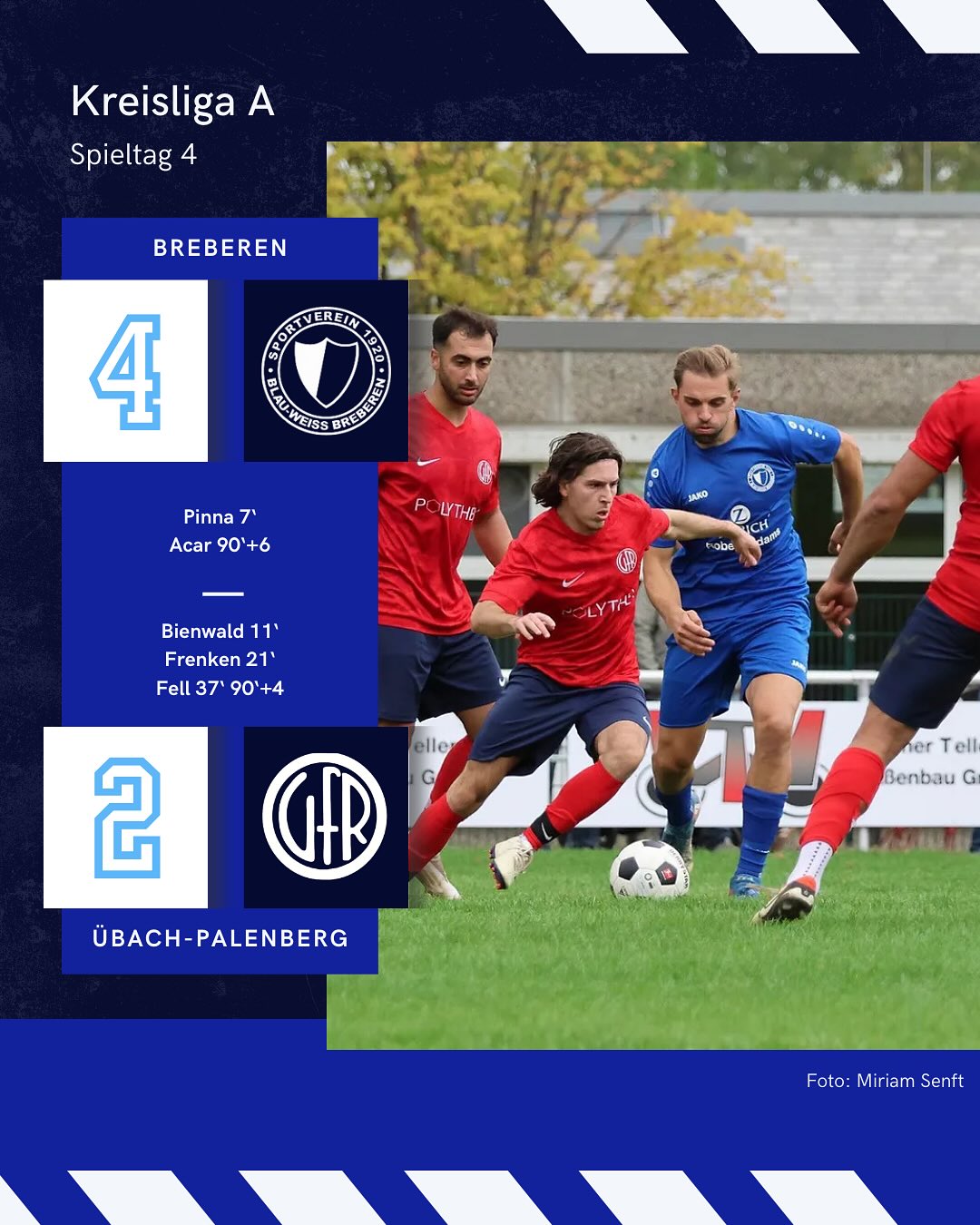 🔵⚪️ Erster Sieg in der Kreisliga A - Reserve holt sich die Tabellenführung ⚪️🔵
Mit einem 4:2-Heimerfolg gegen den @vfr_uebach_palenberg konnte unser Team endlich die ersten drei Punkte der Saison einfahren.
Dabei begann die Partie denkbar ungünstig: Bereits in der 7. Minute ging der Gast durch Alessio Pinna mit 0:1 in Führung. Doch unsere Jungs zeigten sofort die richtige Reaktion – Leon Bienwald glich nur vier Minuten später aus (11.).
Noch vor der Pause drehte Breberen die Partie komplett: Justin Frenken (21.) und Frederic Fell (37.) sorgten für eine komfortable 3:1-Führung. In der Nachspielzeit machte Fell mit seinem zweiten Treffer (90.+4) endgültig den Deckel drauf, ehe Übach-Palenberg durch Riza Acar (90.+6) noch Ergebniskosmetik betreiben konnte.
Am Ende stand ein verdienter 4:2-Sieg – der erste in dieser Saison! 🙌
Auch unsere Reserve setzte sich am Sonntag souverän mit 2:0 gegen den @vfr_uebach_palenberg II durch und ist damit neuer Tabellenführer der Kreisliga C, Staffel 3!
Michael Gossen brachte unser Team in der 23. Minute auf die Siegerstraße, ehe Dominik Wijngaards nach einer Stunde Spielzeit auf 2:0 erhöhte. Mit einer starken Defensivleistung ließ die Mannschaft nichts mehr anbrennen und brachte den verdienten Heimsieg sicher ins Ziel.
Damit ist man aktuell Spitzenreiter und belohnt sich für eine starke Serie! @svbreberen2 👏
📸: @miriamsenft