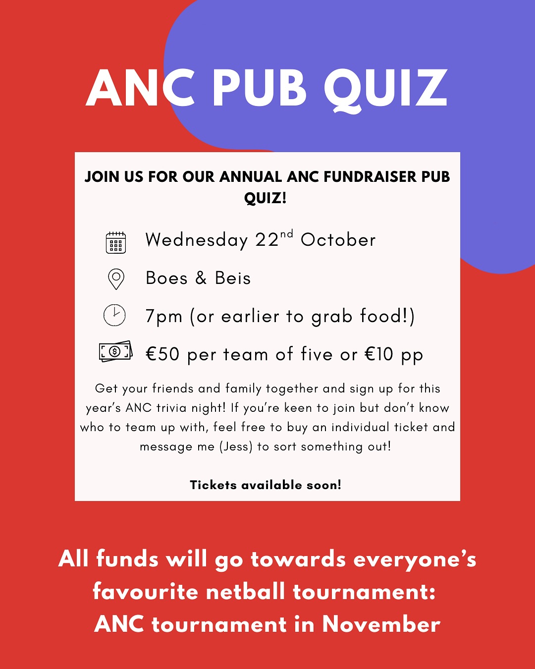 Our annual pub quiz is on Wednesday 22 October at our local cafe @boes_en_beis 🧠 Tickets at 10€ 🎟️ We will organise teams of 5 on the night, or you can sign up as a team. Bring along your friends and family too! We will have a special netball quiz round - who will win?! 🏆