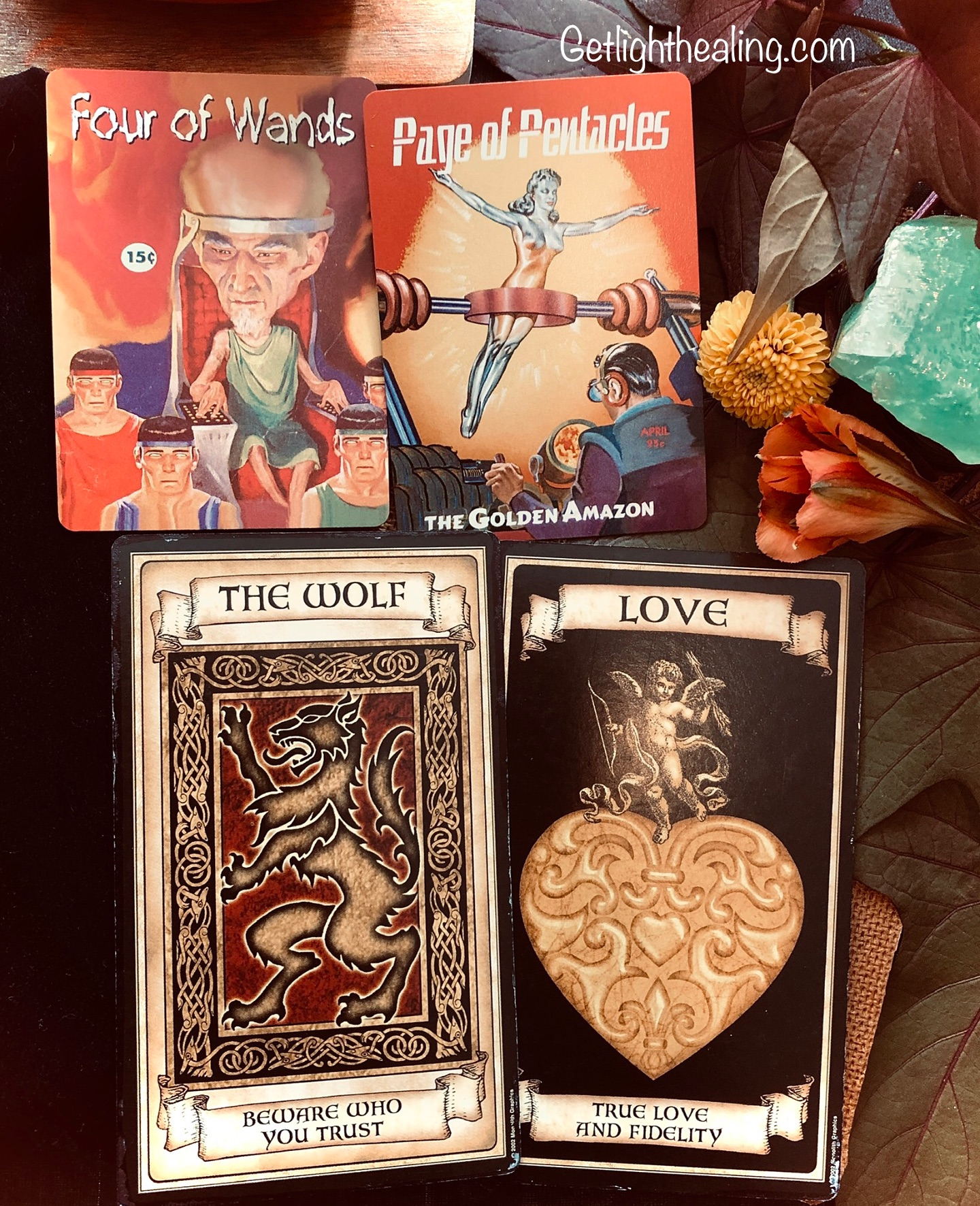 Guidance for October 12, 2025:
“Flying High While Staying Grounded”
This week’s energy brings a celebratory feeling of achievement after some hard work. Certainly, a well-earned “big head”. You’re just getting off the ground but already flying high. Not only is there a new sense of freedom, but a newfound stage of stability as well, at least for the time being—a launchpad if you will. It’s exciting to set your dreams into motion, but pace yourself! There’s a certain amount of vulnerability as you start testing the limits of what’s possible for yourself. It’s easy to get caught up in the excitement and lose sight of what you’re trying to build -something real and long-lasting. There’s lots to learn and discover. This milestone is best approached with practicality, common sense, and small steps. Pay attention to details and be willing to discover all the ins and outs. As someone new to this journey, flying without a net, you’ll soon learn who is on your side and who is not. The Page of Pentacles typically has a very good head on their shoulders but can be overly trusting as they set out. Take notice of who is working against you and those who are in your corner, wishing you all the best as you establish new foundations. It’s realistic to understand that not everyone you meet will be dedicated to advancing your success. Just concentrate on the goal ahead. Appreciate that you have everything you need to build this into something of long-lasting value, as well as those who genuinely love to see you achieving real-life results.
Energy of the week: 4 of Wands
How to utilize that Energy: Page of Pentacles
What to notice: The Wolf & Love
