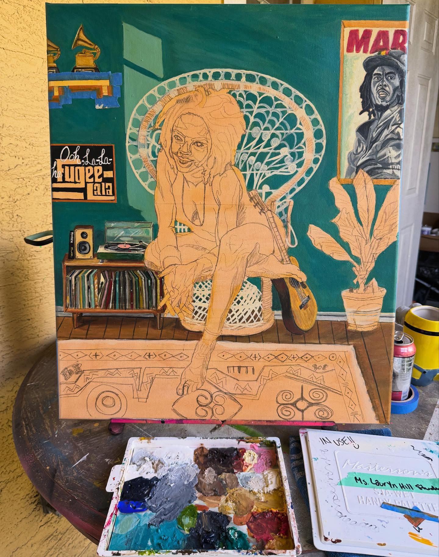 I’ve been working on a new commission... I like how it’s coming along so far what do y’all think? #laurynhill #bobmarley #portraitpainting #acrylicpainting #wip