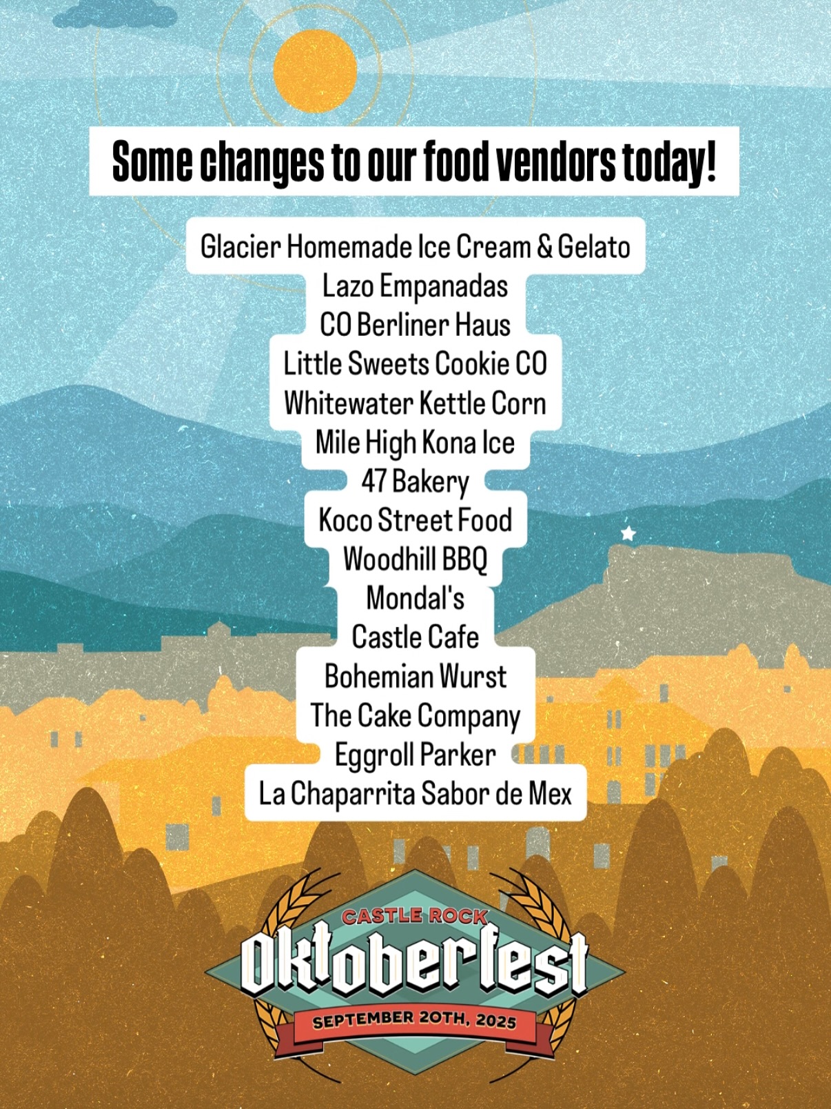 A couple small changes as the event gets underway! We can’t wait to see you this afternoon and evening in sunny downtown Castle Rock ☀️🍻🥨