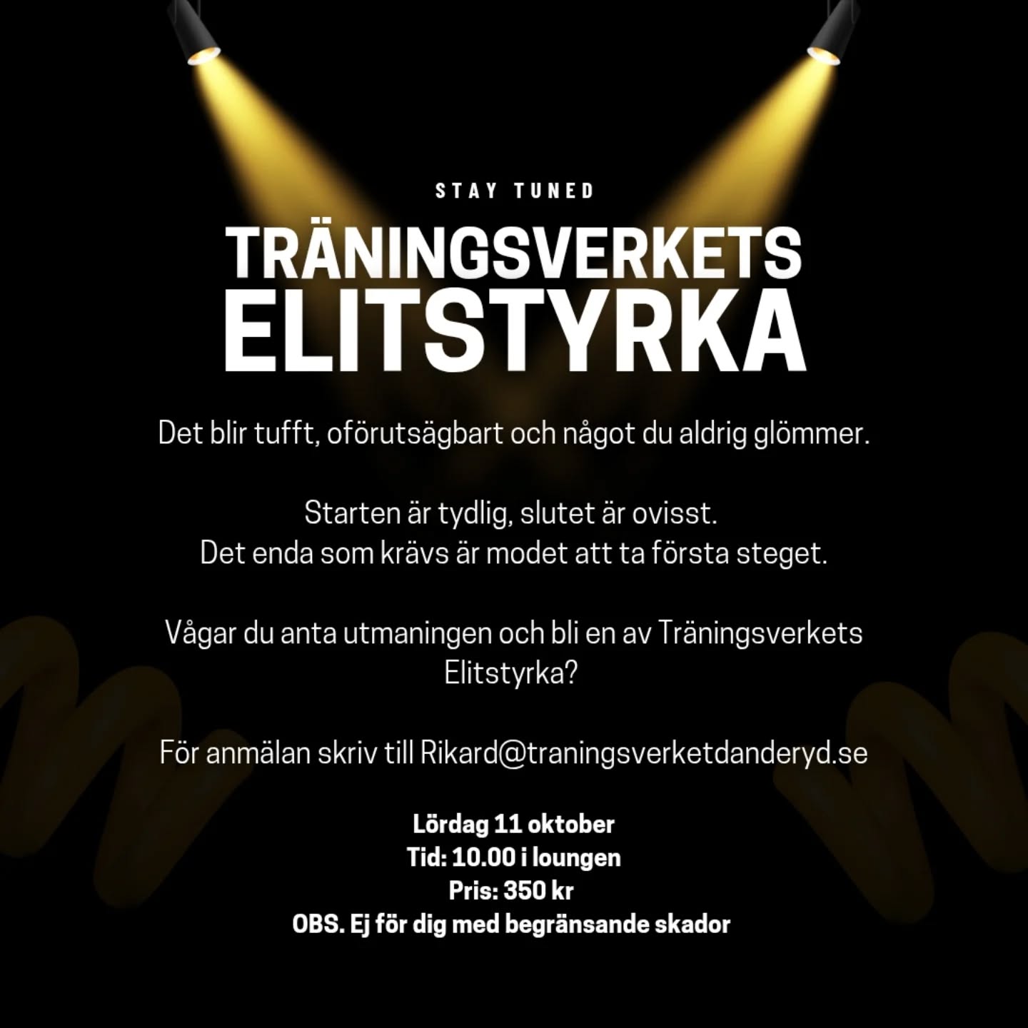 Träningsverkets Elitstyrka 💥
Har du vad som krävs?
Det här är inte ett vanligt träningspass – det är en utmaning utöver det vanliga, där både kropp och pannben sätts på prov.
Eventet hålls utomhus i Rinkebyskogen. Vi samlas i loungen kl. 10.00 för briefing… sen tar vi er med ut.
Hur länge? Det får ni inte veta. 😉
📅 Datum: 11/9
💰 Pris: 350 kr
👕 Klädsel: Efter väder
✉️ Anmälan: rikard@traningsverketdanderyd.se
Alla är välkomna medlem som icke medlem– men inte för dig med begränsande skador.
Antar du utmaningen?