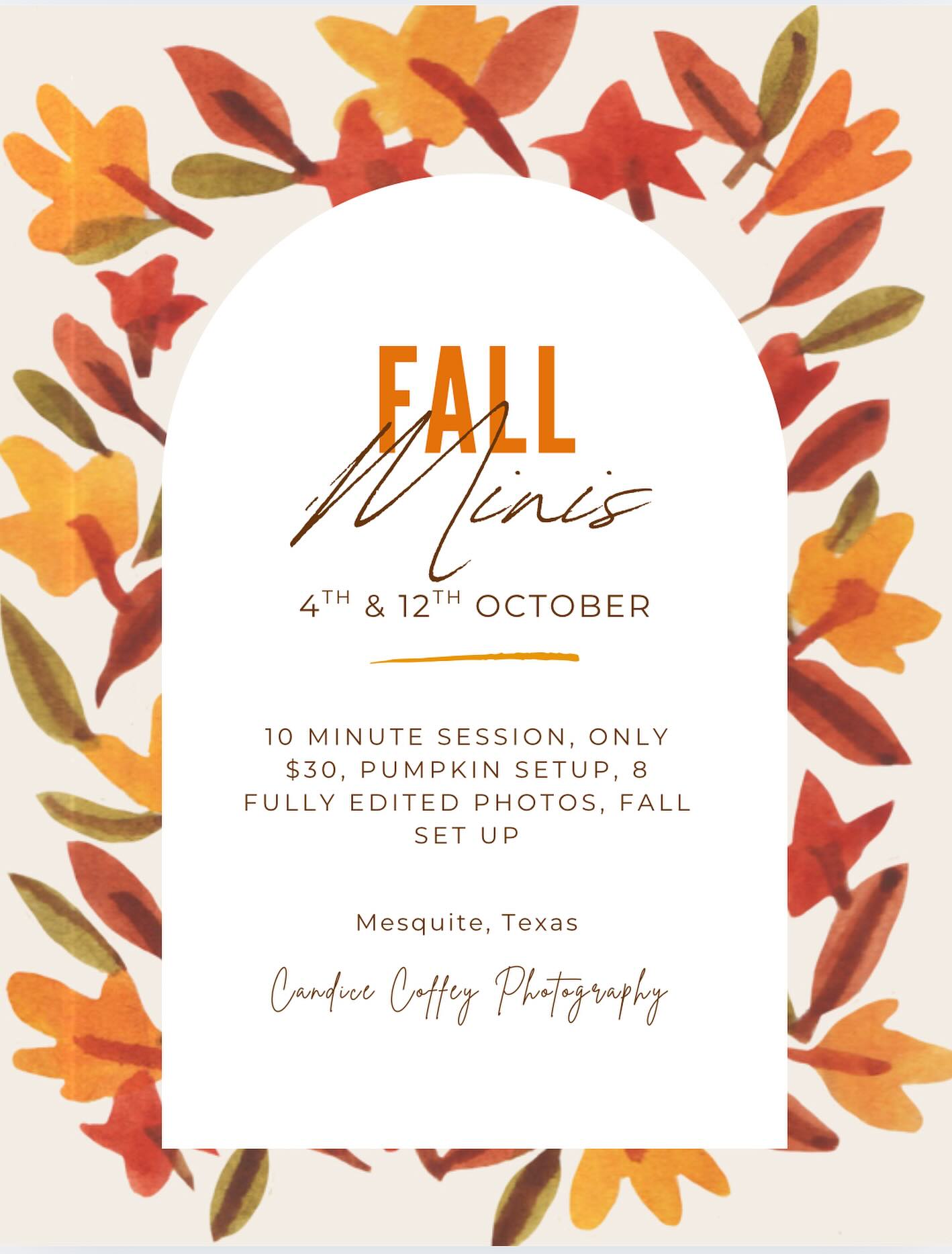 Happy First Day of Fall Y’all!!
🍂✨Fall Mini Sessions✨🍂
📸 10-minute sessions | Only $30
📅 Saturday, Oct 4th & Sunday, Oct 12th
⏰ Time slots:
6:00–6:10
6:15–6:25
6:30–6:40
6:45–7:00
📍 Location: Mesquite (exact spot shared at booking)
💛 Perfect for families, kids, or couples!
📩 Message me to grab your preferred spot—limited availability!
#fallminisessions #mesquitetxphotographer #forneytexasphotographer #fallphotoshoot