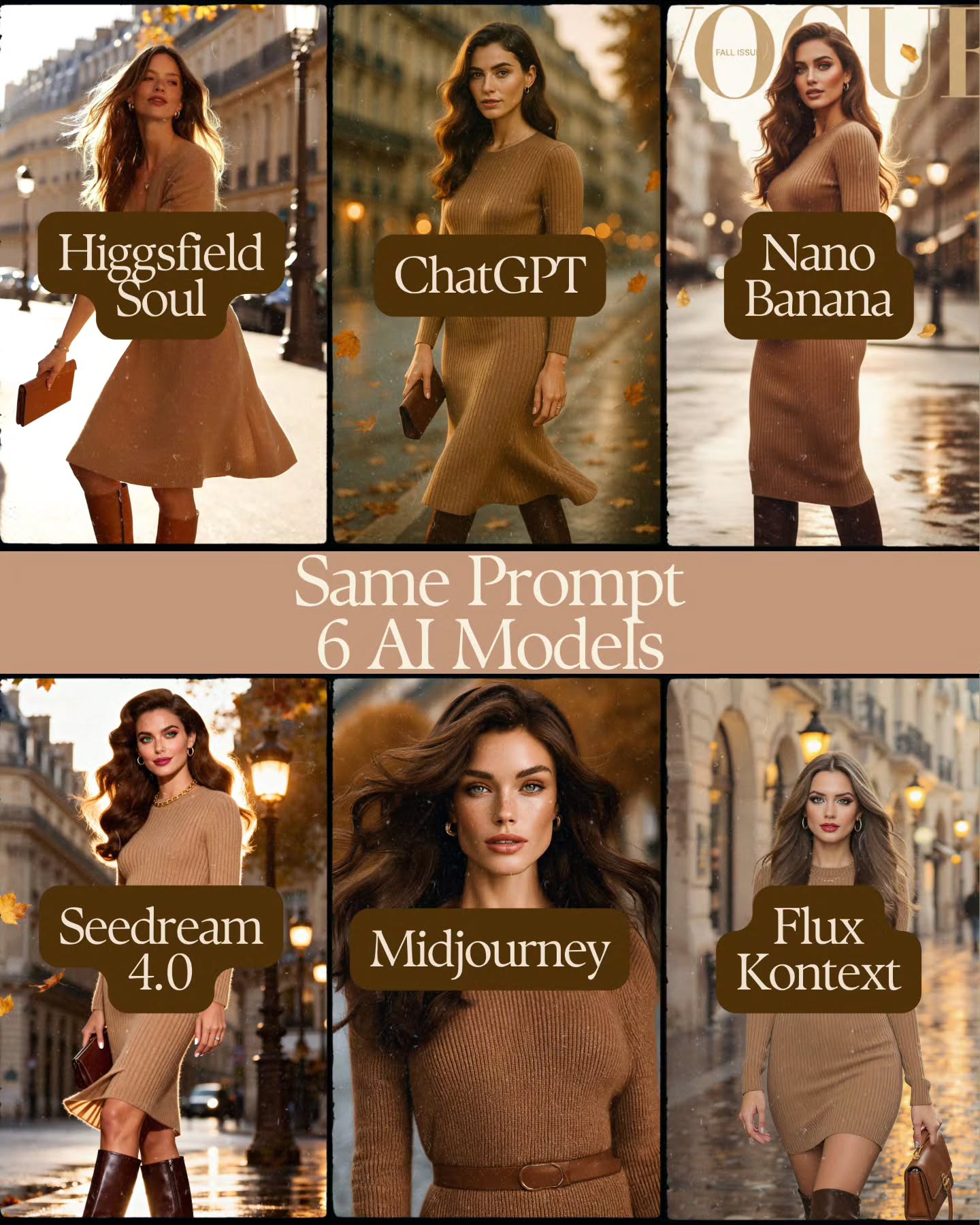 One Vogue-style fashion prompt. Six AI models.
The results? Six completely different editorials from cinematic realism to glossy high-fashion.
✨ Higgsfield Soul | ChatGPT | Nano Banana | Seedream 4.0 | Midjourney | Flux Kontext
👉 Which look do you love most?
#AIcomparison #AIart #FashionAI #Midjourney #Seedream