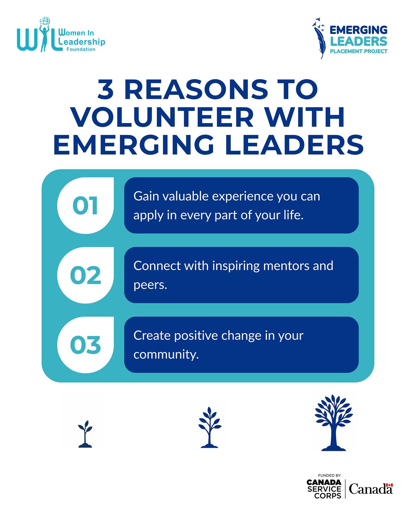 ✨ 3 Reasons to Volunteer with Emerging Leaders ✨
Volunteering with the Emerging Leaders Placement Project is more than just giving your time. It is about growth, connection, and making a difference in the world around you. 🌟
1️⃣ Gain valuable experience you can use in every part of your life
2️⃣ Connect with inspiring mentors and peers
3️⃣ Create positive change in your community
When you step up as a volunteer, you are not only helping others. You are also building confidence, leadership, and skills that will stay with you for life. 🌱
📧 Reach out to us at leaders.wil@gmail.com to get involved
🔗 Learn more through the link in our bio under Emerging Leaders Placement Project or visit leaderscanada.ca
Proudly funded by Canada Service Corps
#EmergingLeaders #YouthLeadership #CanadaServiceCorps #LeadersToday
#YouthInCanada #IAmAVolunteer #VolunteerExperience #MentorshipMatters