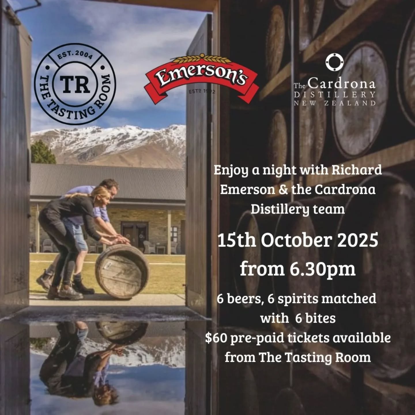 We are very excited for the upcoming @emersonsbrewery and @cardronadistillery collaboration. 🍻
6 Emerson's beers matched with 6 Cardrona spirits and 6 bites to eat.
$60 a ticket and they can be bought from The Tasting Room 😊
Watch this space 😉