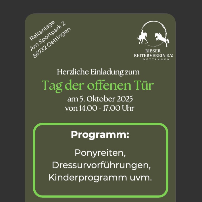 Dieses Jahr findet unser Tag der offenen Tür am Sonntag, den 5. Oktober statt! Wie immer gibt es ein buntes Program mit Vorführungen, Ponyreiten, Stationen für Kinder sowie Kaffee und Kuchen. Kommt vorbei, wir freuen uns auf euch! #ponyreiten #reitverein #tagderoffenentür #dressur #springen #kinderschminken #spielundspaß #pasdedeux