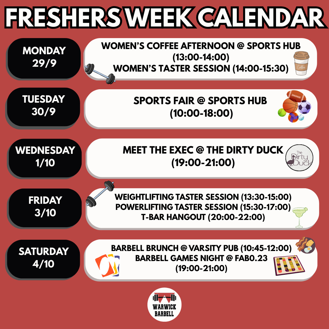 Hello to all of our freshers this year! We have a jam-packed week of events for all of you next week and we can't wait to see you all there!
Further details/reminders will be given about each event the day before/morning of. Feel free to pop us a message if you have any queries about any of the events :)
@warwicksuofficial