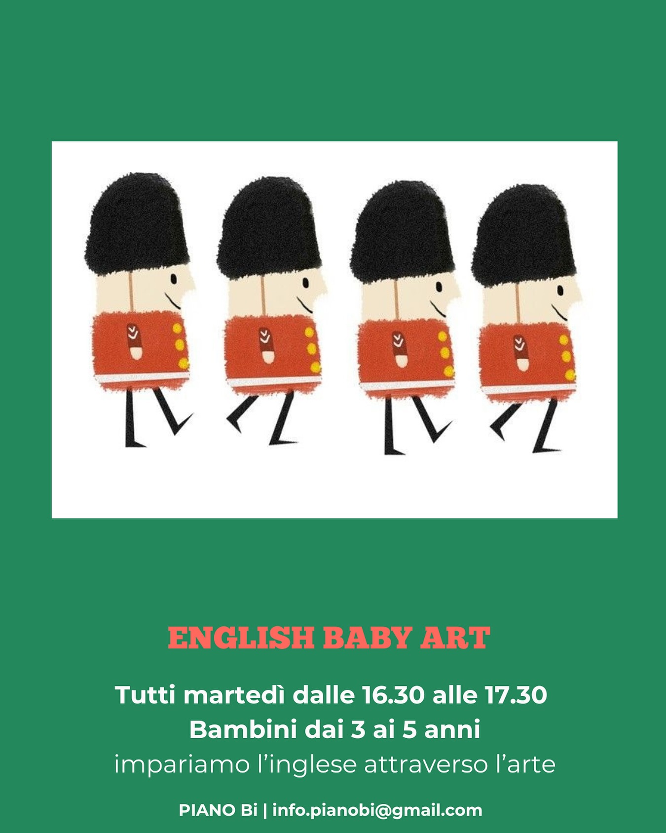 MARTEDÌ 30 SETTEMBRE vi aspettiamo alla lezione di prova del corso di English Baby Art 🤍
Dalle 16.30 alle 17.30 tutti i martedì i bambini impareranno l’inglese attraverso l’arte con la nostra super maestra @_julesi___ ✨
Per info e prenotazioni info.pianobi@gmail.com