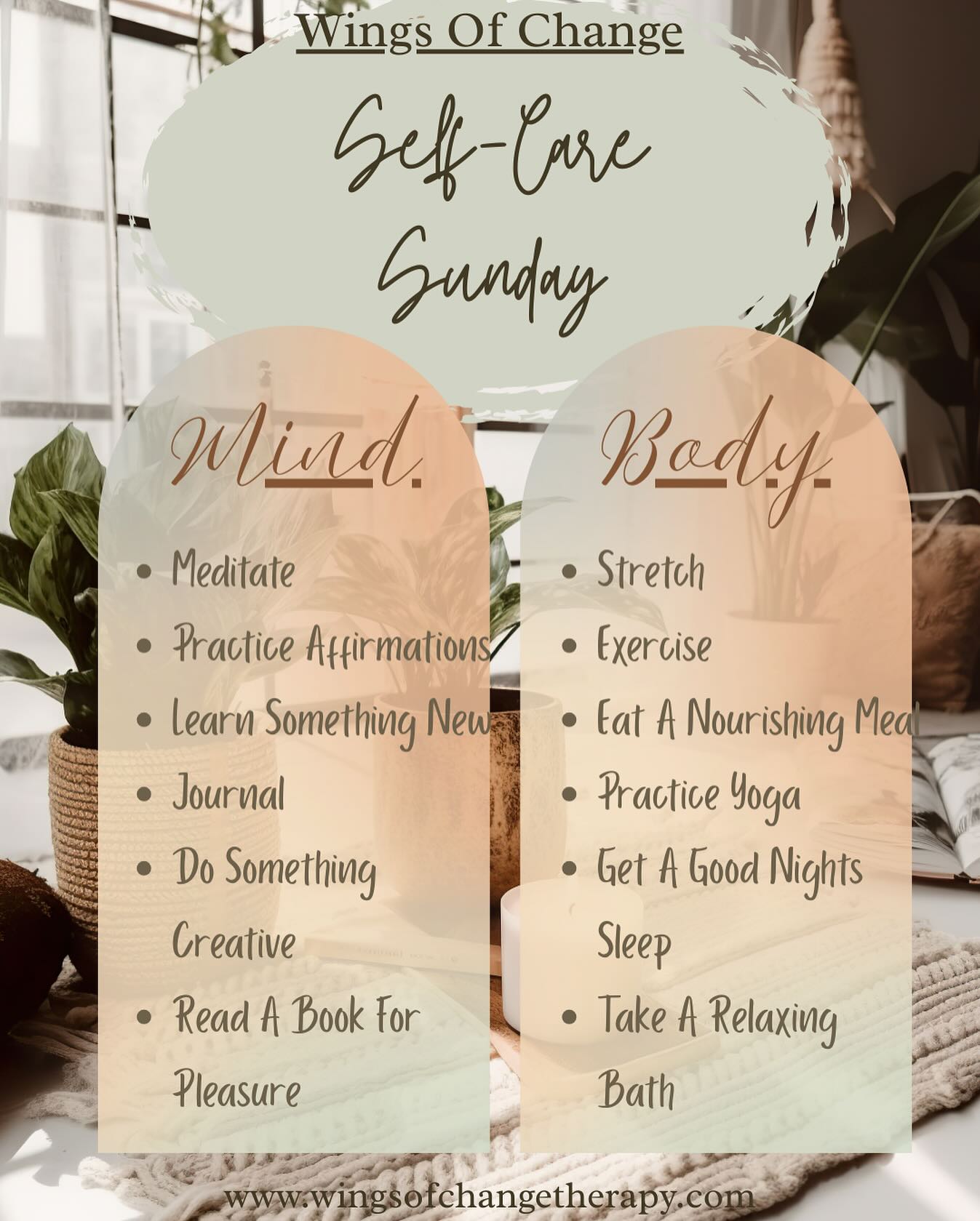 ✨ Self-Care Sunday Reminder ✨
Taking care of your mind and body go hand in hand. When it comes to balance, tending to your emotional wellbeing is just as important as nourishing your physical health. When we rest, move our bodies, and give space to our thoughts and feelings, we create balance that supports overall resilience.
Today, ask yourself: What’s one thing I can do to care for both my mind and body? 🌿💛
#wingsofchange #selfcaresunday #fyp #selfpeace