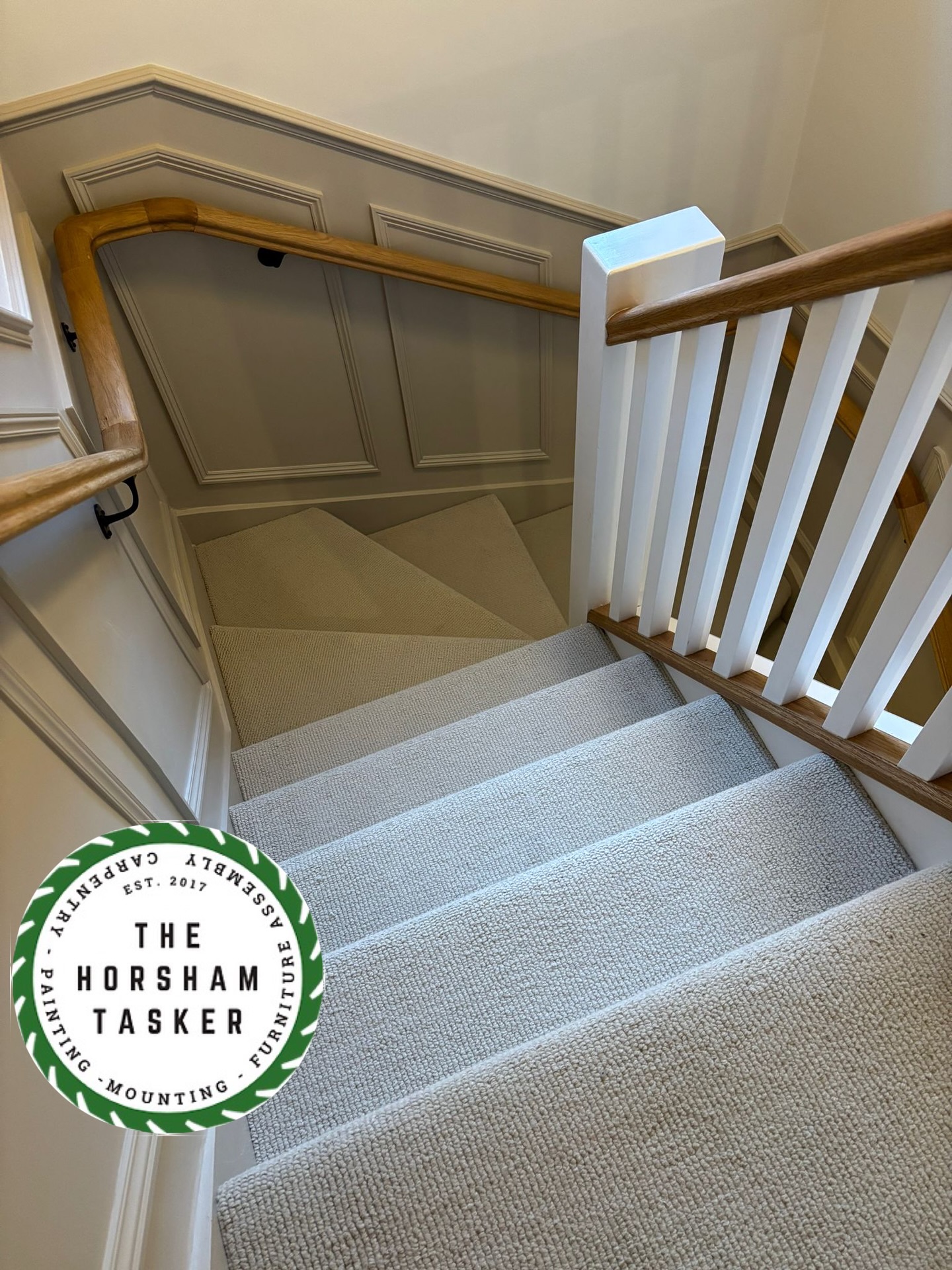 View of a staircase redesign that we have just completed on. We replaced the handrails, base rails, spindles, continuous rail on the wall, panelling with Dado finished in Mushroom colour from Little Greene, new carpets and chandelier to finish. More pictures to come soon. #staircases #carpentry #handyman #horsham #panelling #littlegreene #howdensjoinery