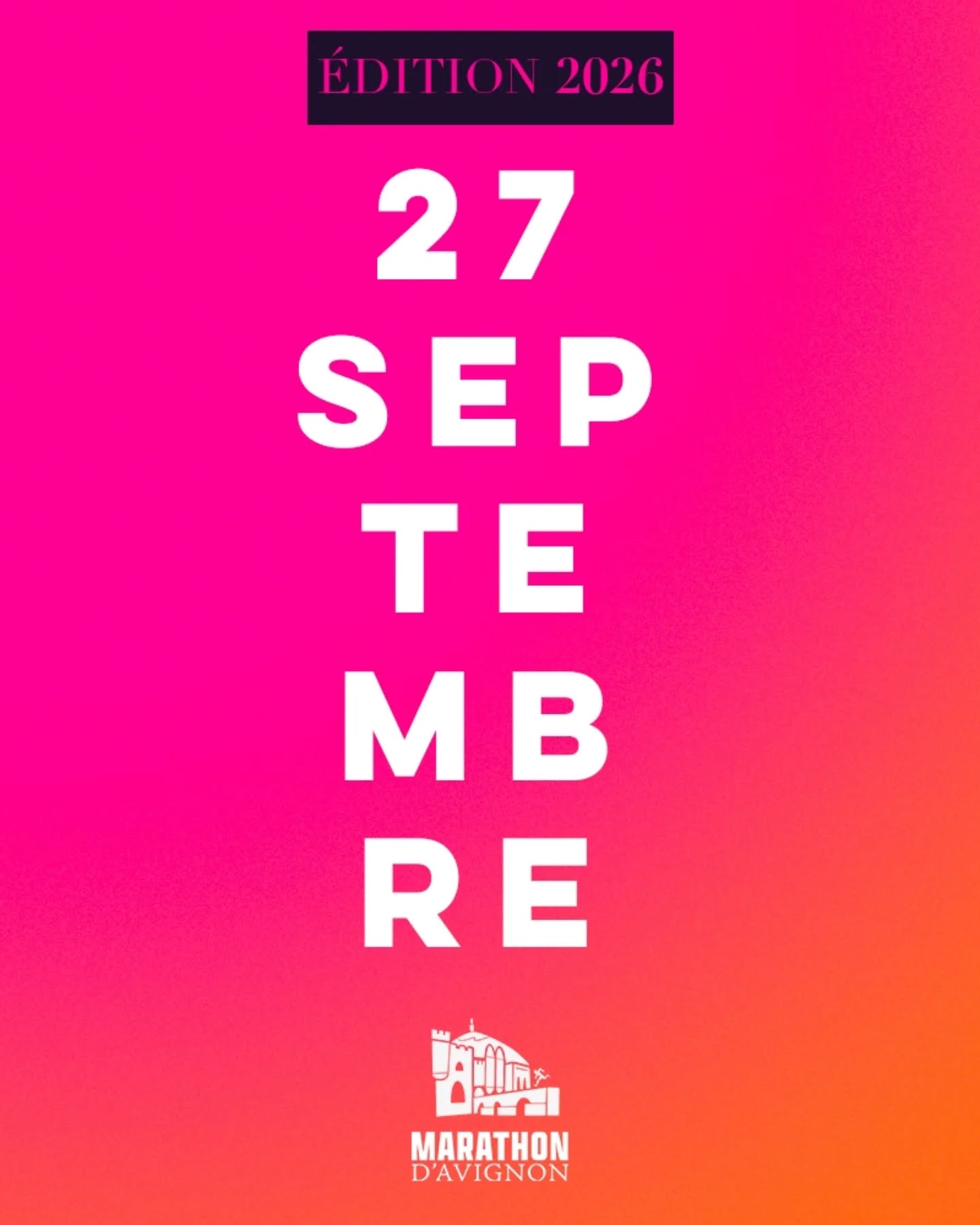 ✅ 𝗦𝗔𝗩𝗘 𝗧𝗛𝗘 𝗗𝗔𝗧𝗘
📆 C'est officiel, la première édition du Marathon d'Avignon se tiendra le 𝗱𝗶𝗺𝗮𝗻𝗰𝗵𝗲 𝟮𝟳 𝘀𝗲𝗽𝘁𝗲𝗺𝗯𝗿𝗲 𝟮𝟬𝟮𝟲
☀️ La préparation estivale ne sera pas facile, mais nul doute que ce rendez-vous vous boostera pendant la période estivale !
ℹ️ Ouverture des inscriptions en octobre, en attendant pensez à vous inscrire à notre newsletter 👉 www.avignon-marathon.com et à réaliser votre "pré-inscription" (gratuite) sur FINISHERS 👉 https://www.finishers.com/course/marathon-d-avignon (la pré-inscription donnera un accès prioritaire aux inscriptions)
🏃♀️🏃♂️ Semi-Marathon et Marathon seront au programme de cette première édition !
🙌 Vous serez sur quelle distance ?! C'est le moment de motiver vos amis 😁
#Avignon #MarathonAvignon #Marathon #AvignonMarathon