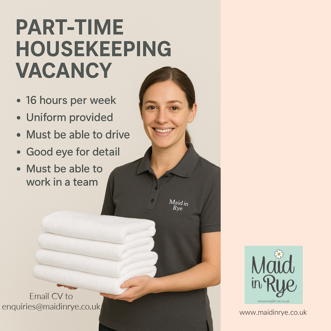 🚨 We’re Hiring! 🚨
Maid in Rye is looking for a part-time housekeeper to join our friendly team! 🧹✨
📅 16 hours per week
🕘 Hours between 9am – 4pm
🚗 Driving license required
👀 Eye for detail is a must – full training will be given
🤝 Be a team player
👕 Uniform provided
🌴 Holiday pay included
If you’re reliable, hardworking, and want to work with a supportive team – we’d love to hear from you!
📩 Apply now by messaging us or emailing enquiries@maidinrye.co.uk
