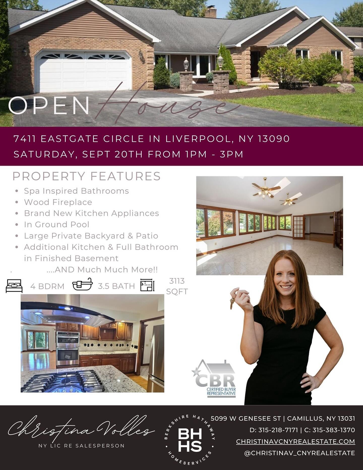 ✨ Open House Alert! ✨
Come join me this Saturday, 9/20, from 1–3 PM at 7411 Eastgate Circle, Liverpool 🏡
Don’t miss your chance to tour this sprawling, recently renovated ranch featuring:
✨ Primary suite with spa-like bath + walk-in closet
✨ 2 cozy wood-burning fireplaces
✨ Cathedral ceiling
✨ Large backyard with patio + inground pool
✨ Finished basement with full kitchen + bathroom
This home truly has it all—you’ll want to see it in person! 💫
📍 7411 Eastgate Circle, Liverpool
📅 Saturday, 9/20 | ⏰ 1–3 PM
$619,900 | MLS #S1638095
Additional Info: https://www.bhhscnyrealty.com/ny/7411-eastgate-circle-salina-13090/pid-417701907?LuxuryTheme=true&fbclid=IwRlRTSAM6NHZleHRuA2FlbQIxMQABHjpMc3gVYy3GbkInsz5TKaZPSz0aFSPeTj2dhlkNe34gapYKX4NRW9mok3aH_aem_swL5vWUIe3qndsRAa1E61w