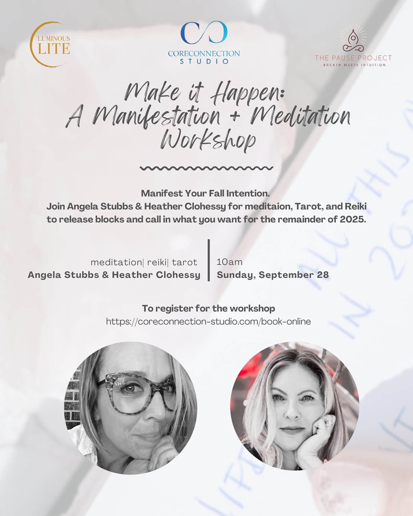 Join us for a Manifestation Workshop with Angela Stubbs (@angdee1975 , @pauseprojectla) + Heather Clohessy of @liveluminouslite 🌙
📍 @core_connection_studio , 8242 W.3rd Street, 3rd floor
🗓 Sunday, September 28
⏰ 10:00–11:30 AM
Together we’ll explore intention-setting, breathwork, and guided visualization to help you step into what you’re calling into your life, and release what’s been holding you back. Learn practical tools to let go of the past and align with your future.
✨ Reserve your spot through Core Connection Studio ✨
#ManifestationWorkshop #PauseProjectLA #MindfulnessPractice #WellnessJourney #BreathMeetsIntuition #LuminousLite #CoreConnectionStudio #AlignedLiving #IntentionalLiving #LetGoMoveForward #SpiritualWellness #LosAngelesWellness