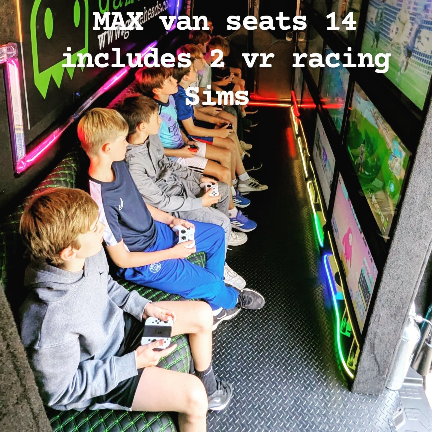 MAX van comes with 14 seats , 6 playstations, 4 Xboxs, 4 Nintendos, music and light show and 2 X vr racing Sims (worlds first -in a van!) Book The Beat and experience the difference. www.gameheads.co.uk