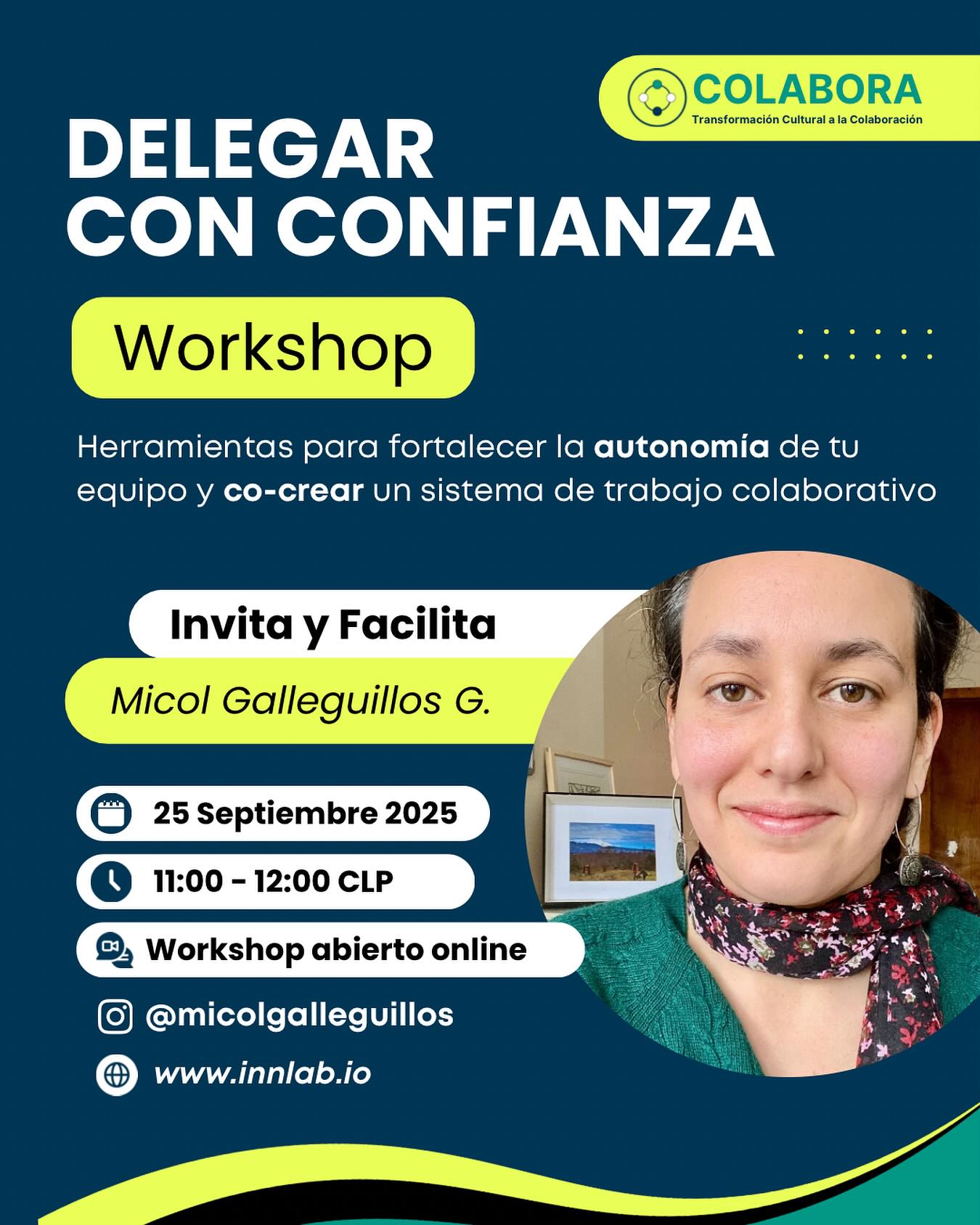 Quiero invitarte a mi próximo Workshop abierto sobre Colaboración, donde compartiré el modelo que he desarrollado para impulsar Culturas de Colaboración en organizaciones.
En el workshop compartiré dos herramientas prácticas muy útiles para:
- Co-construir roles en equipo con un método participativo para potenciar la autonomía
- Delegar con confianza, incorporando estructuras simples que reducen fricciones y aceleran acuerdos.
🔗 Link de Inscripción en la BIO 👆🏻👆🏻👆🏻
Me encantaría que pudieras sumarte y aportar tu mirada en este espacio, que forma parte del Programa COLABORA, orientado a la Transformación Cultural hacia la Colaboración.
Un abrazo!!
Micol 🌿
#colaboracion #equipos #teal #reestructuración #organizaciones #lideres #gerentes #liderazgo #innovacion
