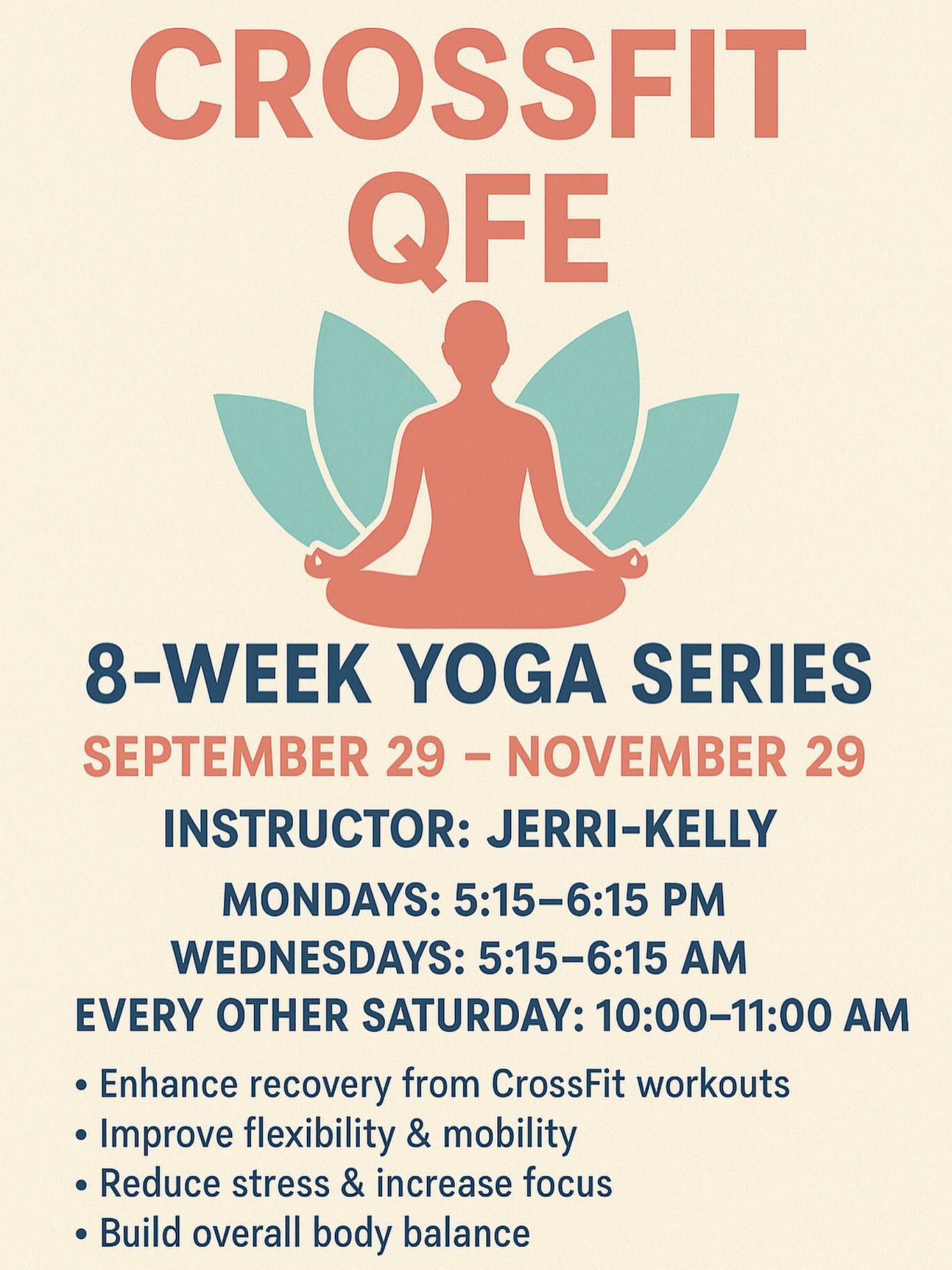 🧘♀️ NEW YOGA SERIES ALERT 🧘♂️
We’re excited to announce that Yoga with Jerri-Kelly is back! This is the perfect chance to balance out your CrossFit training with strength, flexibility, mobility, and mindfulness.
📅 Dates: September 29 – November 29
📍 Instructor: Jerri-Kelly
✨ Schedule:
• Mondays: 5:15–6:15 PM
• Wednesdays: 5:15–6:15 AM
• Every Other Saturday: 10:00–11:00 AM
🗓️ That’s 8 weeks of guided yoga, designed to help you recover, improve mobility, and build a stronger mind-body connection.
💡 Why join?
• Enhance recovery from CrossFit workouts
• Improve flexibility & mobility
• Reduce stress & increase focus
• Build overall body balance
👉 Secure your spot in this 8-week package today—spaces are limited! Registration link in bio or sign up at the front desk. Send us a dm with any questions!
Let’s flow, stretch, and grow together. ✨
#Yoga #CrossFit #Mobility #Recovery #Balance