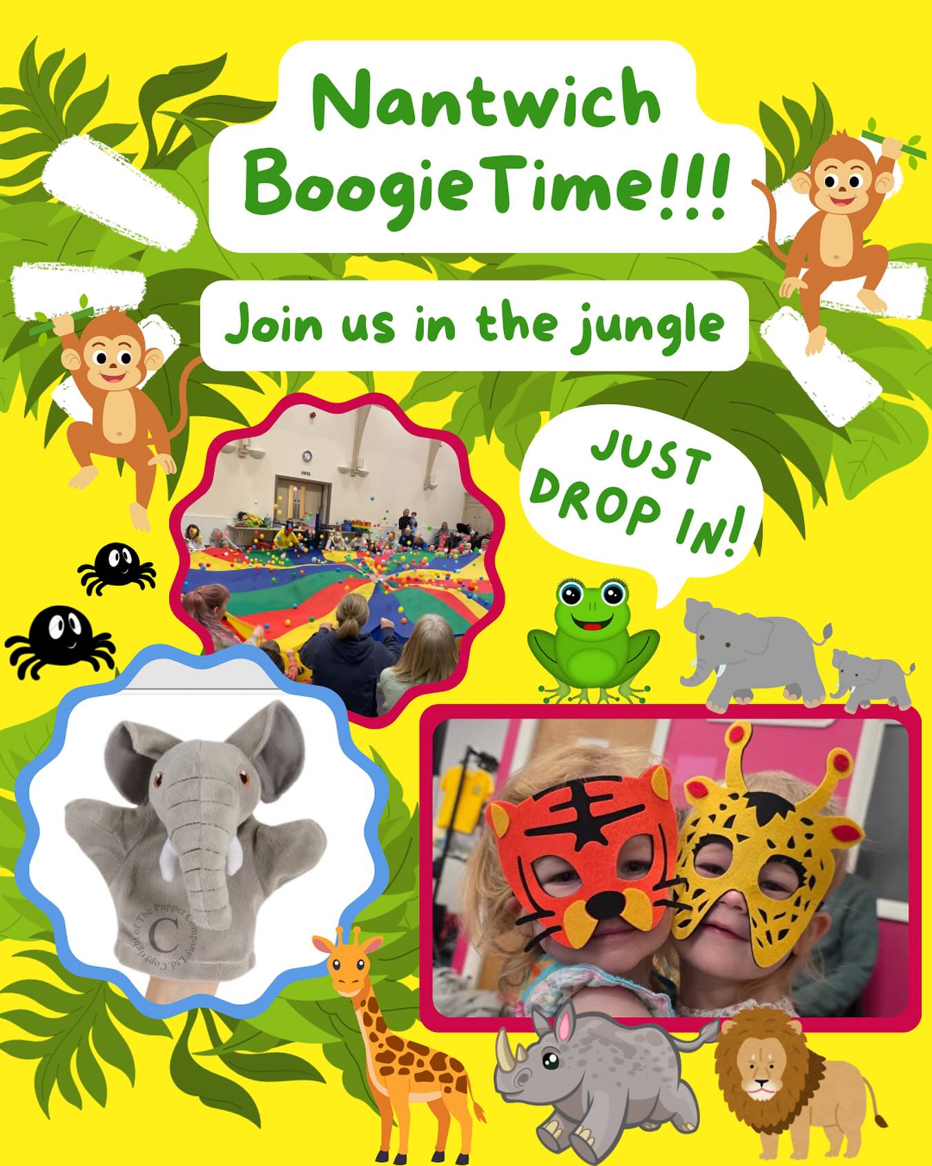 Join us for some jungle fun at Nantwich Methodist Church every Wednesday.
9.40 Toddlers up to age 5 and younger siblings
11am Babies up to confident walking.
£7.50 with additional siblings over 12 months just £1. Additional adults are free.
Worried your baby may sleep? If they sleep more than half the session we will give you a free class voucher.