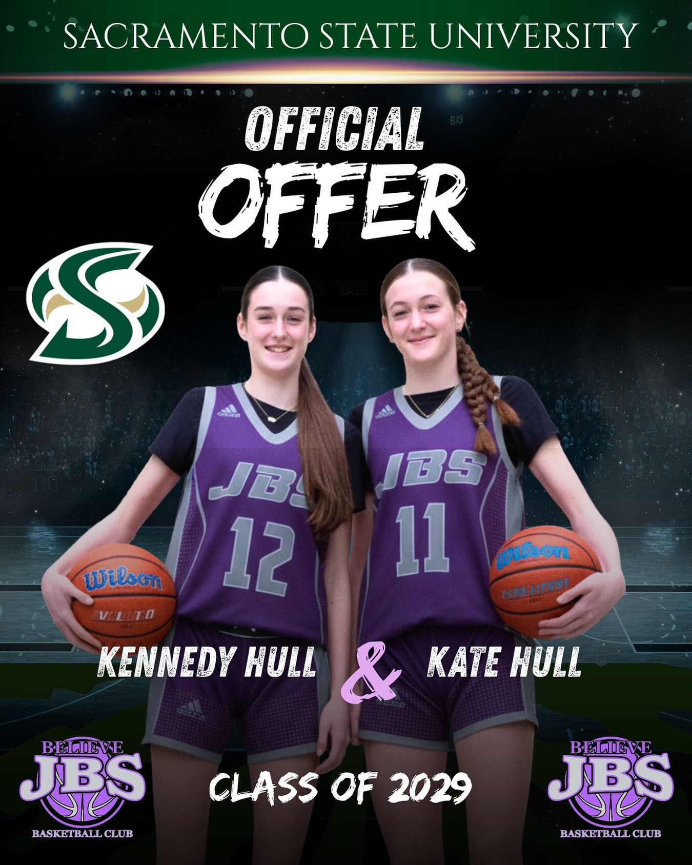 Congratulations to Kennedy and Kate Hull, class of 2029 on receiving another D1 offer to Sacramento State University! Thank you to Coach Aaron Kallhoff and the Sac State women’s basketball coaching staff! Just Believe…🏀🔥🏀