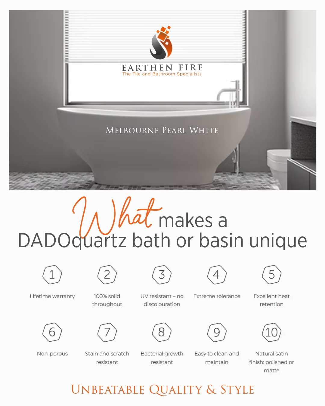 ✨ Unbeatable Quality & Style ✨
What makes a DADOquartz bath or basin truly unique? From a lifetime warranty and solid quartz construction to superior heat retention, scratch resistance, and a luxurious satin finish, every detail is crafted for durability, comfort, and timeless elegance. Designed to resist stains, UV discolouration, and bacterial growth, these masterpieces deliver not just beauty but lasting peace of mind.
#EarthenFire #DADOquartz #BathroomLuxury #UnbeatableQuality #EffortlessElegance #BathroomDesign #LuxuryForLess #TimelessStyle #RefinedLiving #EverydaySophistication