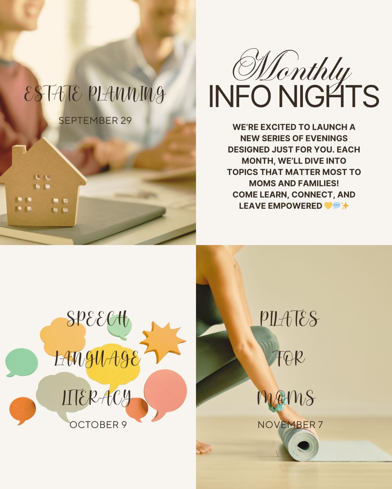 ✨ Introducing Monthly Mom Info Nights! ✨
Join our amazing community of moms as we launch a brand-new series of monthly info nights. Created for moms, by moms. 💕
Each month, we’ll welcome experts to share practical tips and advice to support you in every season of motherhood.
Coming up:
👩⚖️ Estate planning with a local lawyer
🗣️ Speech, language and literacy tips with a speech & language specialist
💪 Mind-body wellness with a Pilates instructor
Whether you’re navigating toddler talk, planning for the future, or just need a night out with supportive women — you belong here. 💛
📅 Mark your calendar and let’s grow together. All details on Wild Apricot ✨
#MomLifeMadeEasier #StrongMomsSupport