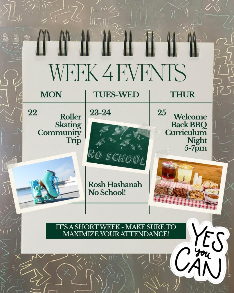 Hey Forsyth! It's week 4! On Monday, we're going Roller Skating! 🛼 On Tuesday & Wednesday, school will be closed in observance of Rosh Hashanah. And on Thursday is our Welcome Back BBQ & Curriculum Night from 5pm to 7pm.
#week4 #forsythsatelliteacademy #rollerskating #bbq #curriculum #highschool #nyc #nychighschools #transferschools #consortiumschools #nyctransferschools #schoolisfun #experientiallearning #yesyoucan