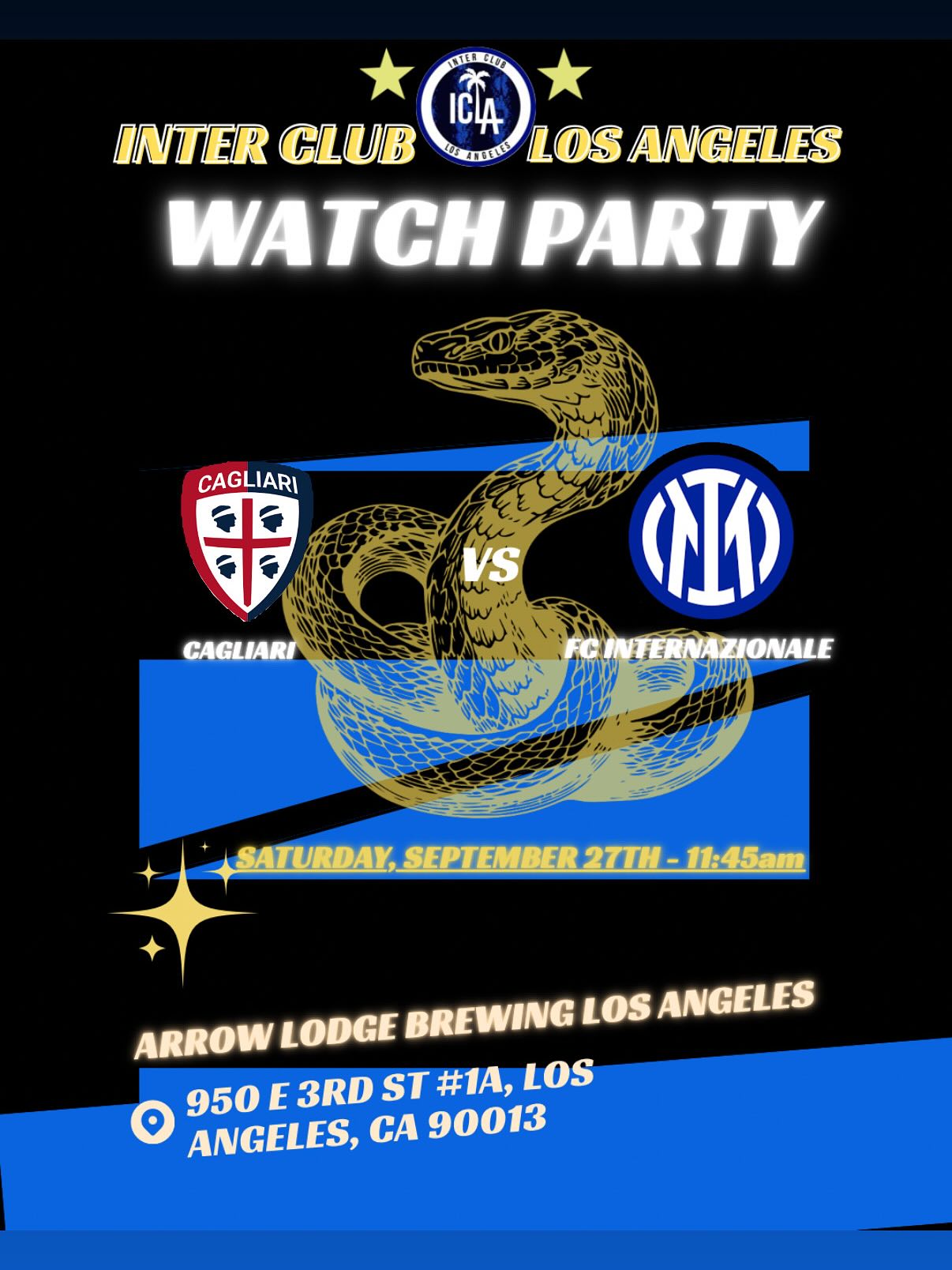 Good morning Interisti,
Cagliari - FC Internazionale
Saturday, September 27th - 11:45am
Will be hosted at the Arrow Lodge Brewing Los Angeles:
950 E 3rd St #1A, Los Angeles, CA 90013
AVANTI INTER ⚫️🔵
#inter #interclublosangeles #fcinternazionalemilano #fcinternazionale #curvanordmilano #intermilanfc n #fcinter #inter #intermilan #cuoreneroazzurro🖤💙 #fcim