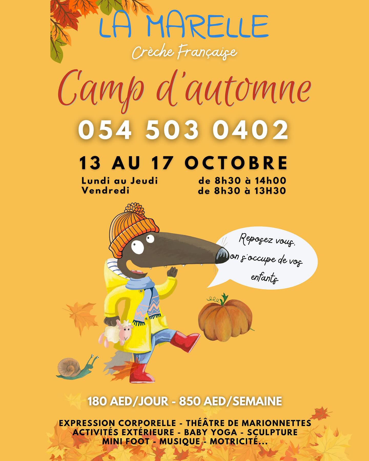 🇫🇷 🍂✨ Camp d’Automne à La Marelle ! ✨🍂
Un programme rempli d’activités ludiques, créatives et sportives attend vos enfants 🤸♀️🎨📚
➡️ Ouvert à tous les enfants, qu’ils soient inscrits à La Marelle ou non.
📩 Contactez-nous pour inscrire votre enfant !
⸻
🇬🇧 🍂✨ Autumn Camp at La Marelle! ✨🍂
A program full of fun, creative, and active experiences is waiting for your children 🤸♀️🎨📚
➡️ Open to all children, whether enrolled at La Marelle or not.
📩 Contact us to register your child!