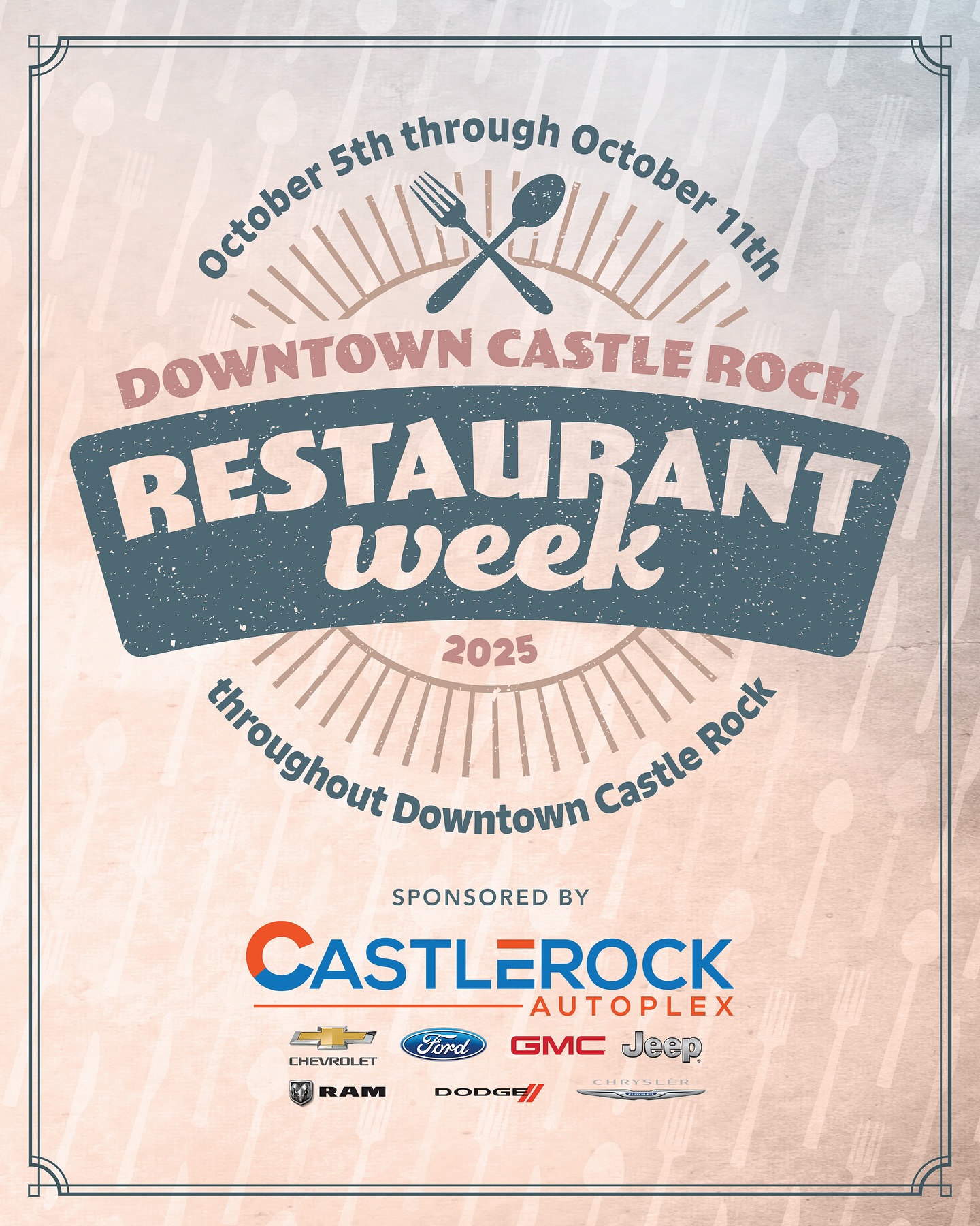 ✨🍴 One week. Local chefs. Limited-time dishes. It’s Downtown Castle Rock Restaurant Week!
🧑🍳 For one week only, our local spots are serving up exclusive dishes and flavors you won’t find any other time. Come taste what our downtown chefs have cooked up for this special culinary experience! 🍽️
MARK YOUR CALENDARS: October 5-11 🥂 Menus are coming soon!
🚗 Brought to you by our friends at Castle Rock Autoplex!
#castlerockco #downtowncastlerock #restaurantweek #castlerockfood #castlerockfoodie #coloradofoodie