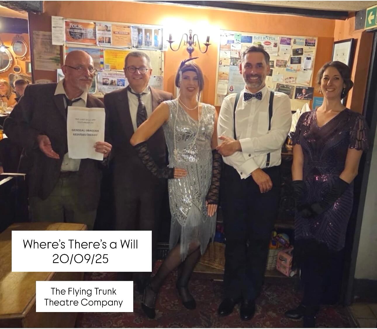 Last night we performed Where There’s a Will at The Lamb Inn, Sandford — the very first outing for this brand-new 1929 murder mystery script.
The audience were transported back in time for an evening of intrigue, scandal, and sharp-witted fun.
We return next month with an all-new production: an unforgettable 1980s Halloween special.
Saturday 25th October | 7–10pm | £39 (early bird £32)
The Lamb Inn, Sandford EX17 4LW
Book now: www.flyingtrunktheatre.com/bookings
Insta: @the_flying_trunk
@lambinnstagram
@creditonheartproject
#immersiveexperience #halloween #liveshow #dinnerandashow #murdermystery #devontheatre