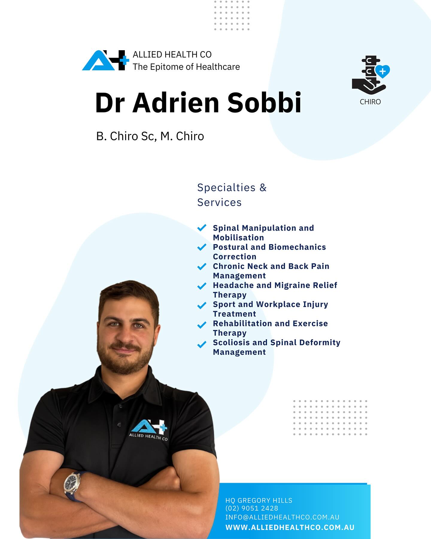 ✨ Meet Our New Chiropractor – Dr. Adrien Sobbi! ✨
We’re excited to welcome Dr. Adrien Sobbi (B. Chiro Sc, M. Chiro) to the Allied Health Co family.
With over 5 years of clinical experience, Dr. Adrien brings expert care in:
✅ Spinal manipulation & mobilisation
✅ Postural & biomechanics correction
✅ Chronic neck & back pain management
✅ Headache & migraine relief therapy
✅ Sport & workplace injury treatment
✅ Rehabilitation & exercise therapy
✅ Scoliosis & spinal deformity management
Whether you’re dealing with chronic pain, recovering from an injury, or seeking better posture and movement, Dr. Adrien is here to help you move and feel your best. 💪
📍 HQ Gregory Hills
📞 (02) 9051 2428
🌐 alliedhealthco.com.au
#AlliedHealthCo #ChiropracticCare #ChiroLife #SpinalHealth #PainRelief #GregoryHills #BackPain #NeckPain #HealthyLiving #MeetOurTeam