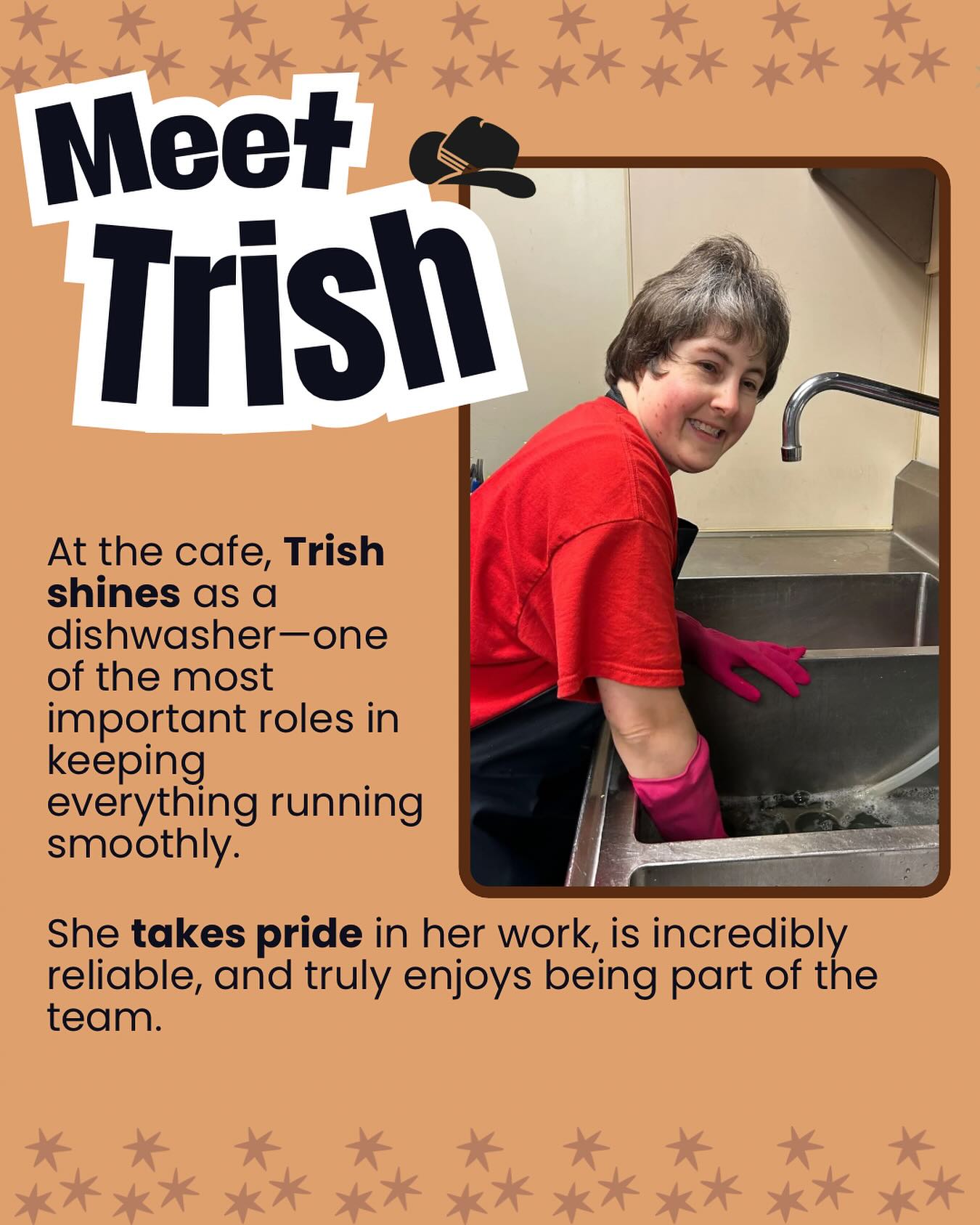 Trish is a wonderful part of our team at the cafe! The dishes Trish washes shine and sparkle just like her! Say hey👋 to Trish!!