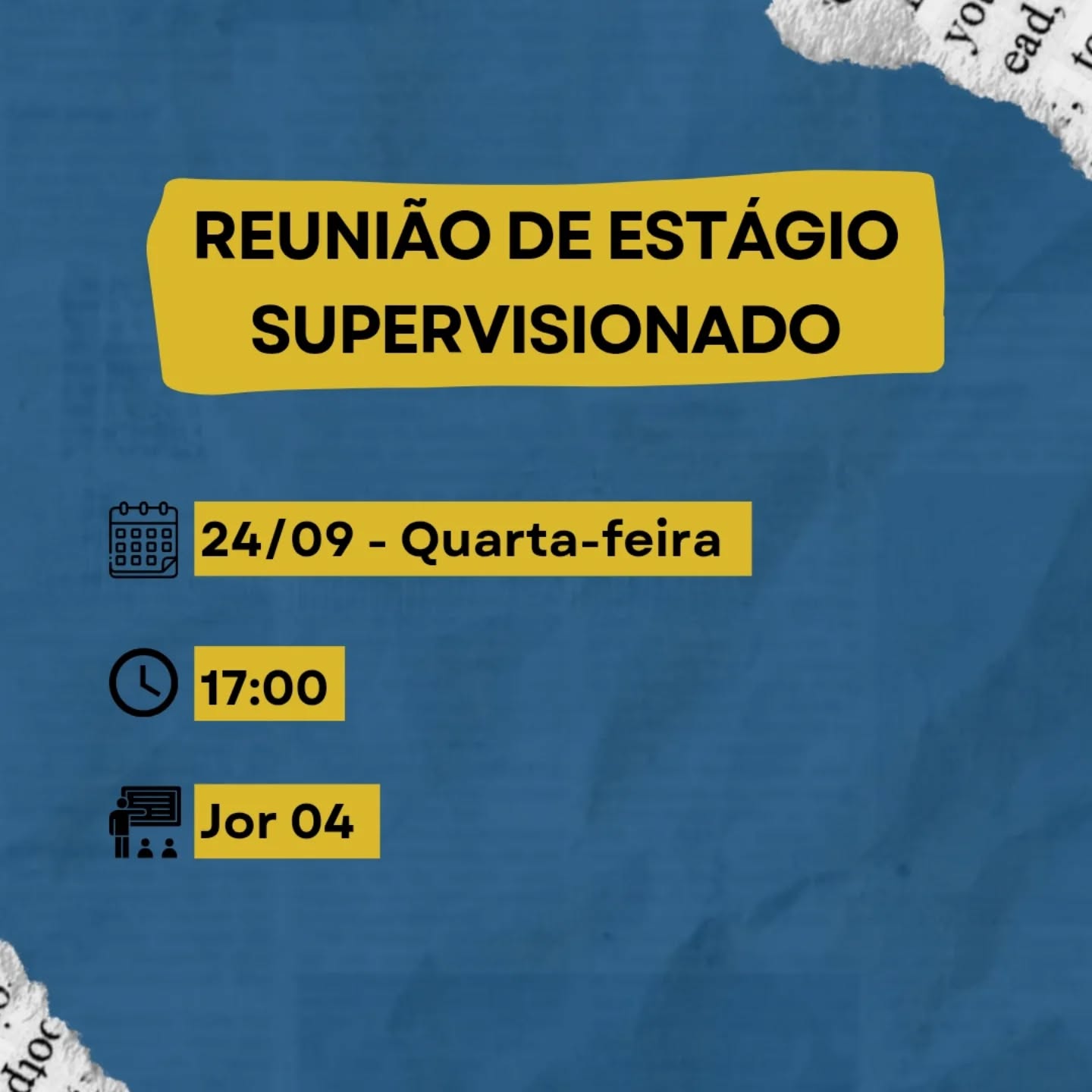 A primeira reunião de Estágio Supervisionado do semestre 25.2 será no dia 24/09, às 17h, na Jor 04 e será organizada pela Comissão de Estágios do Curso.
Na reunião, serão informados os procedimentos necessários para ter seu estágio aproveitado nas cadeiras de Estágio Supervisionado I e/ou II. Os alunos também poderão tirar dúvidas relacionadas a documentos e outras questões que possam surgir.