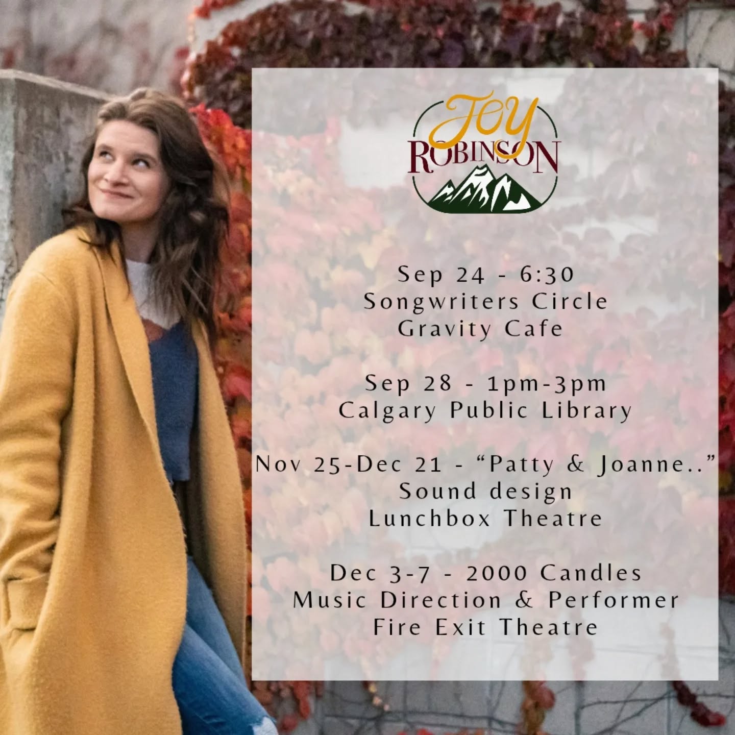 I LOVE fall! Beautiful endings, new beginnings. I have a lot to be excited about this fall! Hope you'll be able to check out some of my upcoming projects both in music and theatre! Save those dates!
#calgaryartist #livemusic #yyctheatre #lunchboxtheatre #fireexittheatre