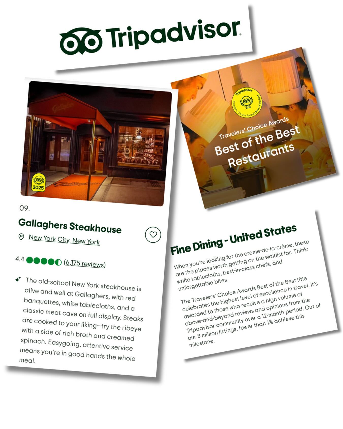@tripadvisor 's annual Best of the Best Travelers' Choice Awards was announced and @gallaghersnyc has ranked among the top fine dining restaurants in the United States! This is thanks in no small part to the stellar service team and consistent, high quality food and dining experience received by guests every day at this NYC institution.
See the full list at TripAdvisor.com.
.
.
.
.
#bestrestaurants #nycrestaurant #nycdining #tripavisor #gallaghersnyc #dinerschoice #steakhouse #nycsteakhouse