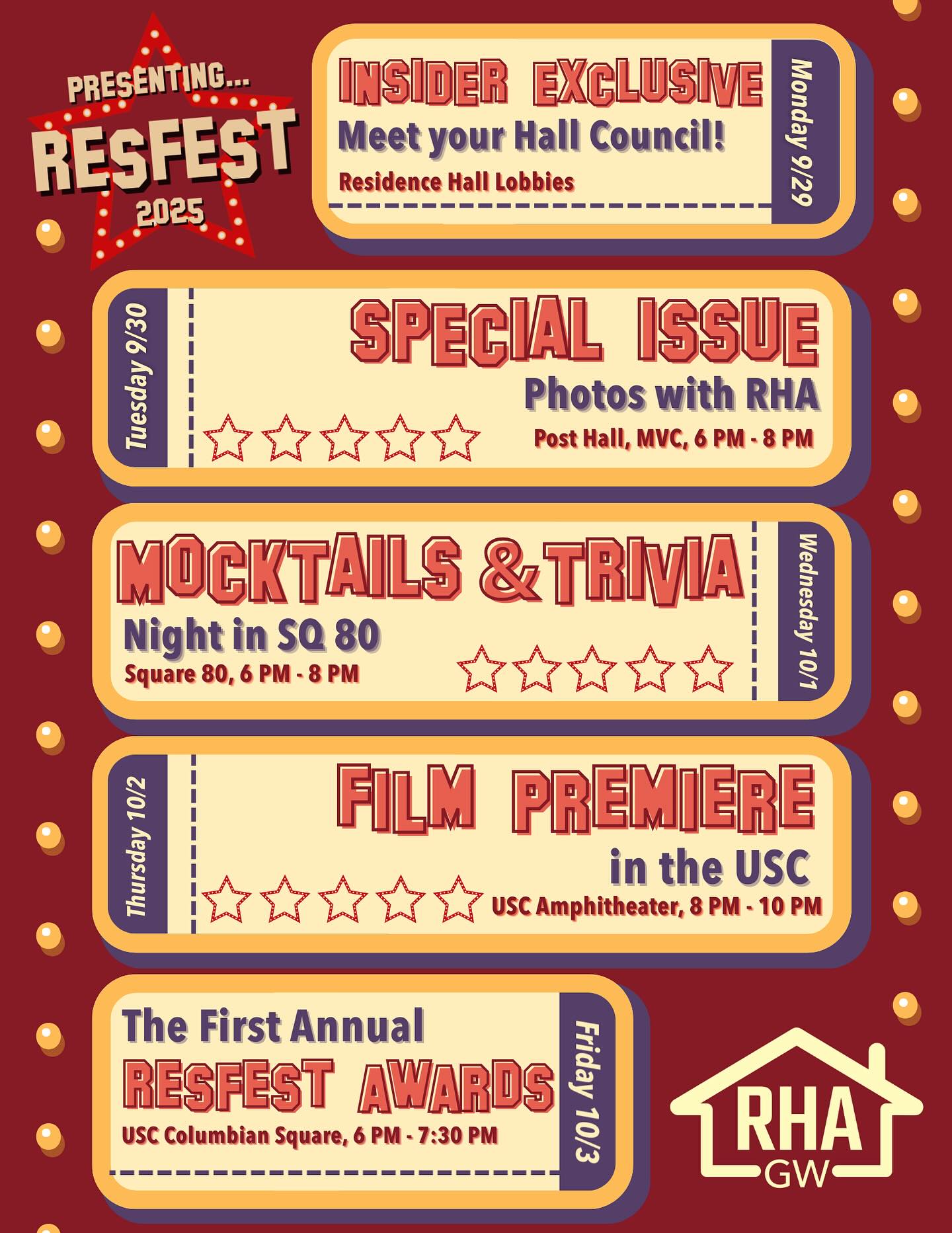 🍿🎥🎬ResFest 2025 is HERE!!! 🎬🎥🍿
Scroll through to read more about what RHA is doing TODAY through THIS FRIDAY (the 3rd)… when we finish with our FIRST ANNUAL RESFEST AWARDS!! 🌟🌟
Spread the word and attend the most events to finish the week with GREAT prizes ;)
See you there :D
#resfest #rha